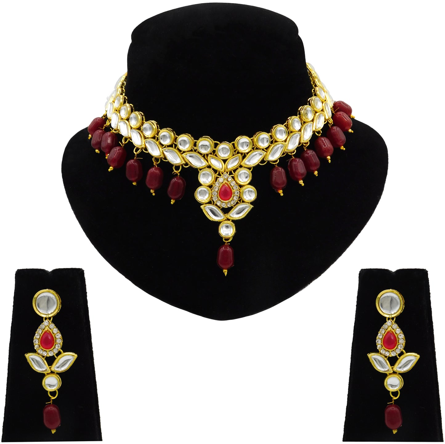 Sujwel Gold Toned Pearl Beads Kundan Choker Necklace Set (08-0457) - Sujwel