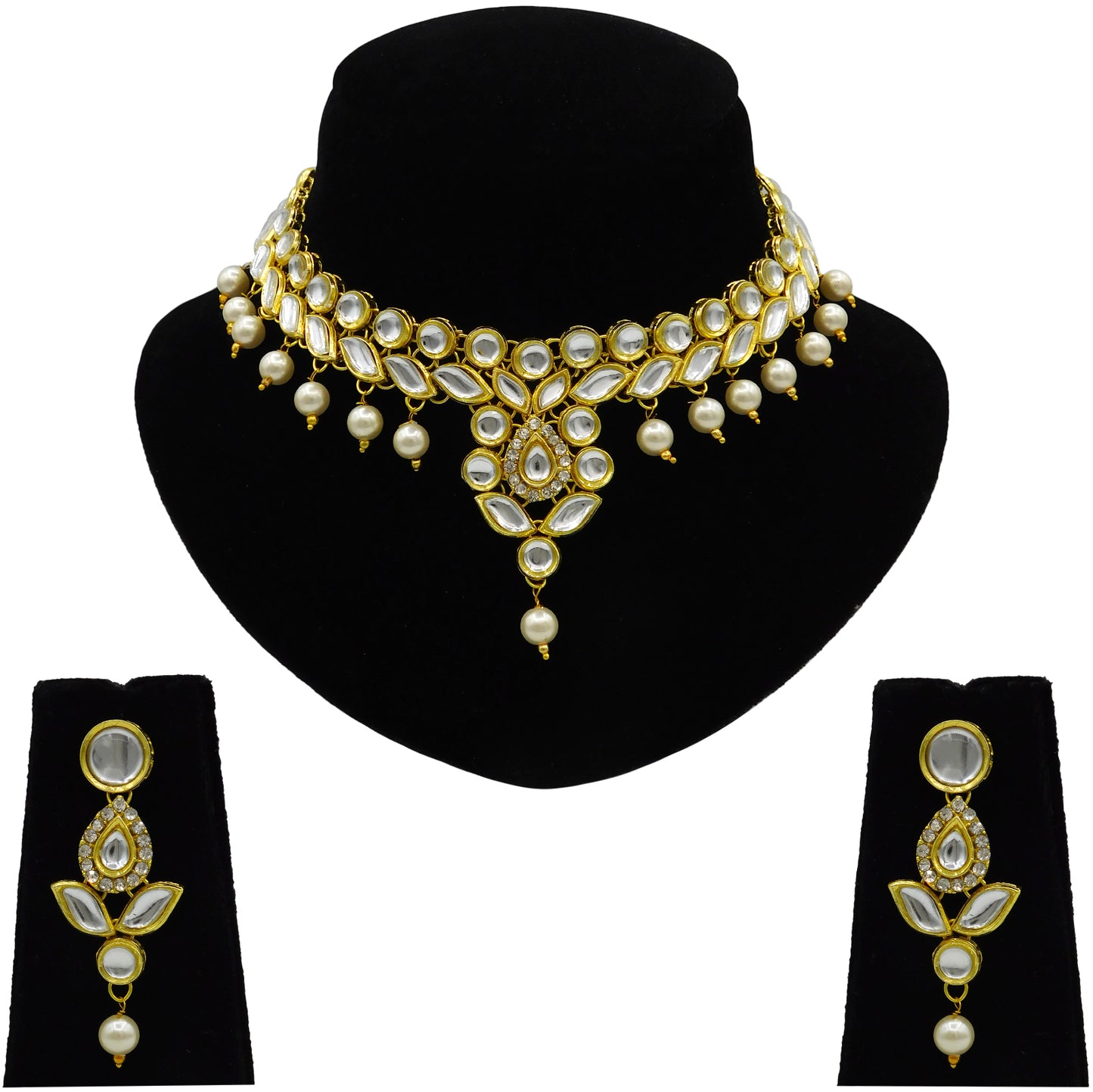 Sujwel Gold Toned Pearl Beads Kundan Choker Necklace Set (08-0457) - Sujwel