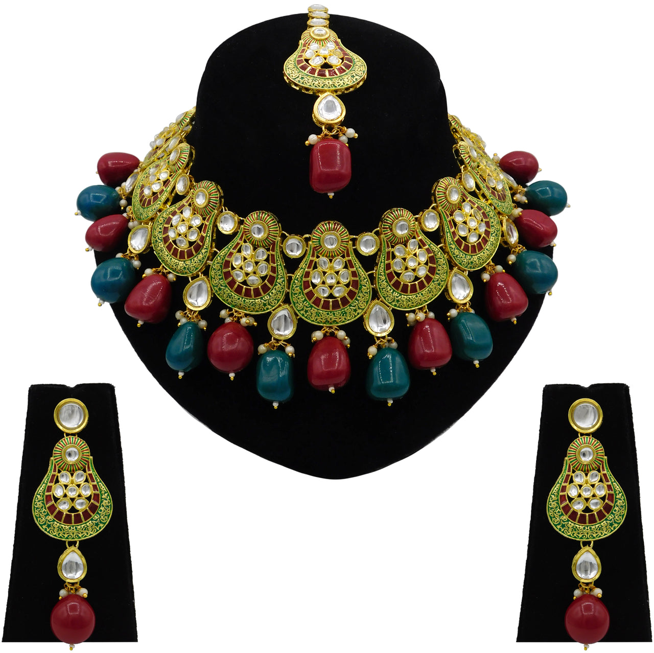 Sujwel Gold Plated Kundan Meenakari Choker Necklace Set (08-0447)