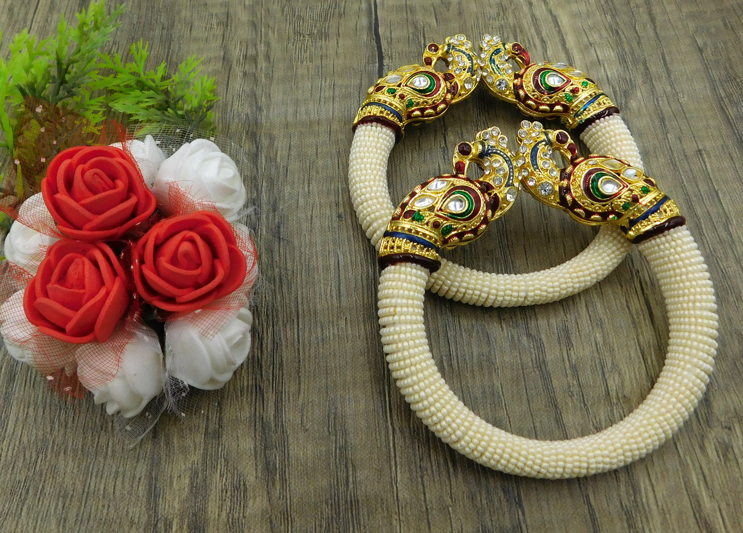 Sujwel Resin, Pearl & Gold-Plated Gold Plated Cubic Zirconia Bangles for Women & Girl's (Pack of 2)