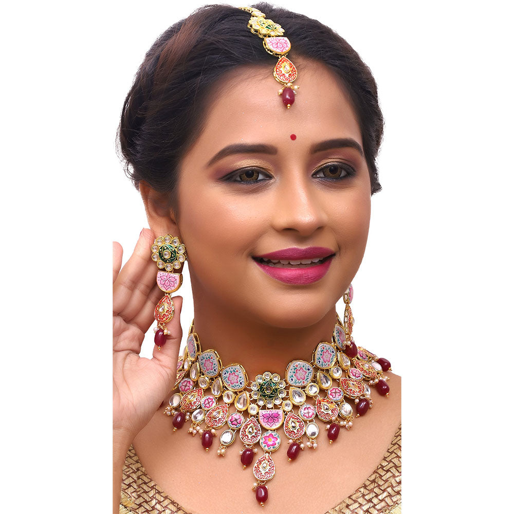 Sujwel Kundan and Meenakari with Floral Design Necklace Set (08-0115) - Sujwel