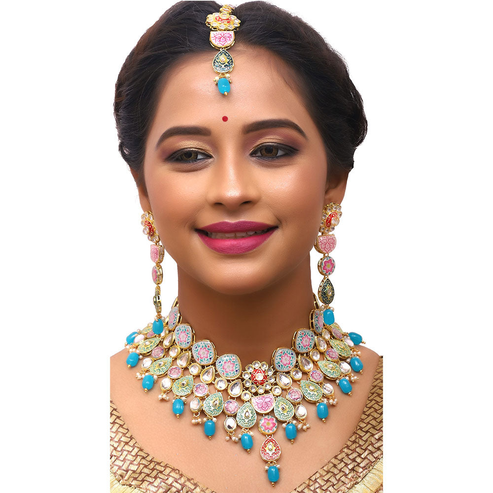 Sujwel Kundan and Meenakari with Floral Design Necklace Set (08-0115) - Sujwel