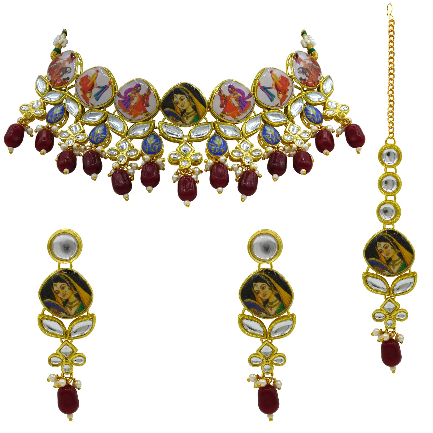 Personalized Sujwel Gold Toned Kundan Stones & Beads Lamination Multistrand Pearl Beads Choker Necklace Set For Women (SUJP01) - Sujwel