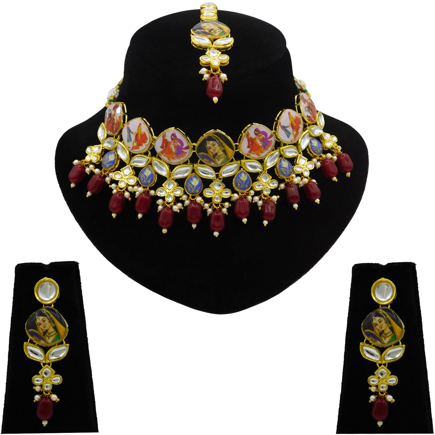 Personalized Sujwel Gold Toned Kundan Stones & Beads Lamination Multistrand Pearl Beads Choker Necklace Set For Women (SUJP01) - Sujwel