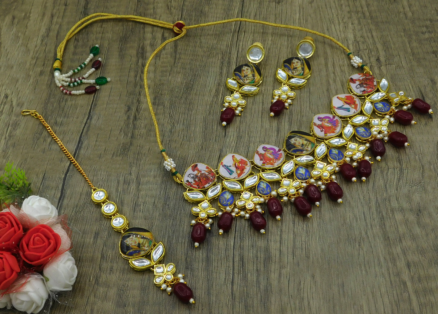 Personalized Sujwel Gold Toned Kundan Stones & Beads Lamination Multistrand Pearl Beads Choker Necklace Set For Women (SUJP01) - Sujwel