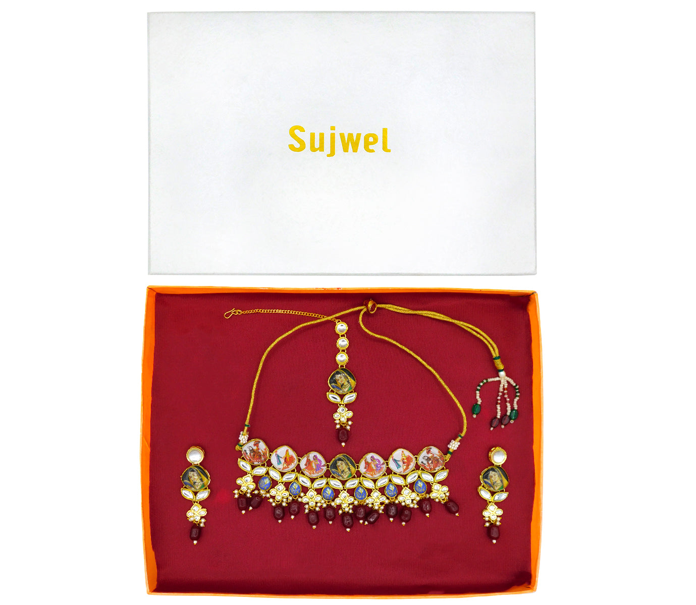 Personalized Sujwel Gold Toned Kundan Stones & Beads Lamination Multistrand Pearl Beads Choker Necklace Set For Women (SUJP01) - Sujwel