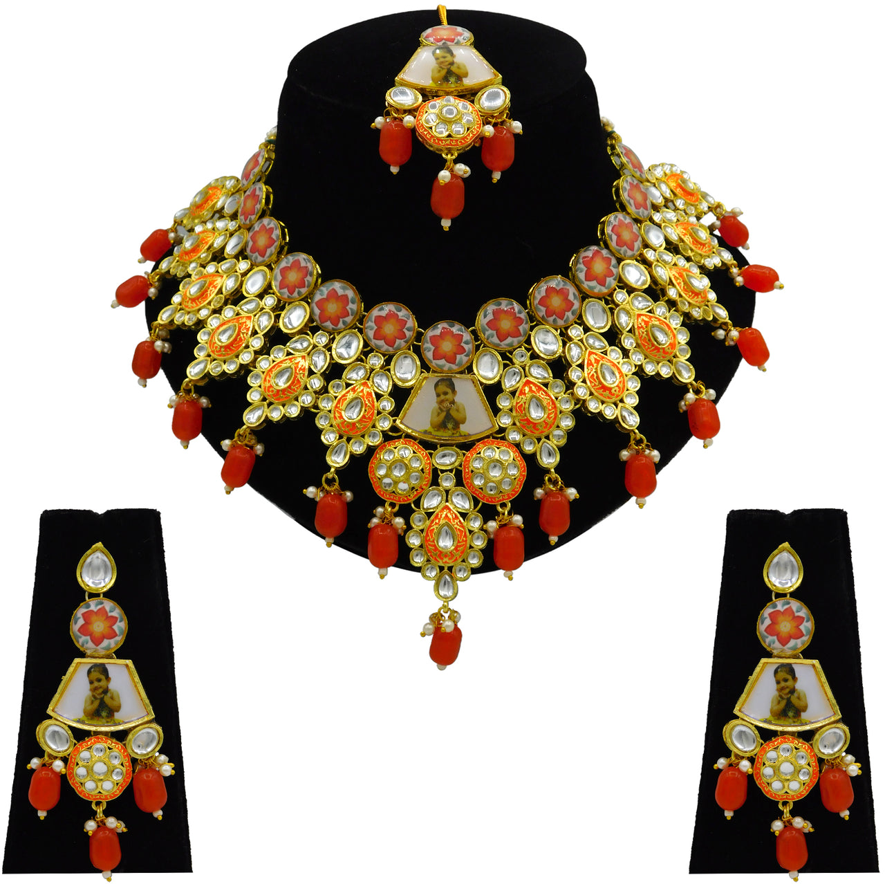 Personalized Sujwel Gold Plated Kundan Meenakari Necklace Set With Maangtikka For Women (SUJP01) - Sujwel