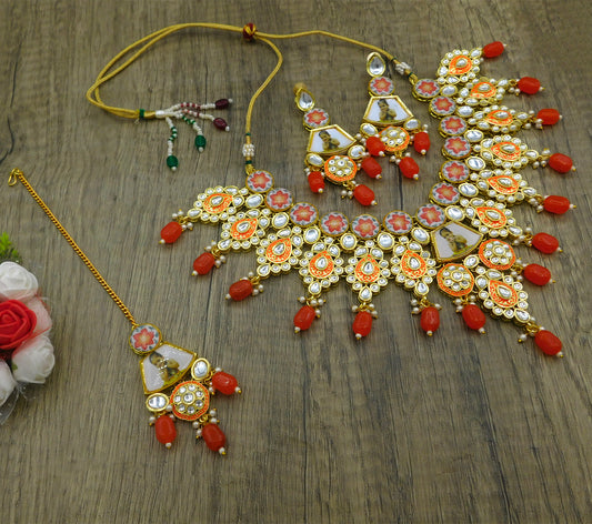 Personalized Sujwel Gold Plated Kundan Meenakari Necklace Set With Maangtikka For Women (SUJP01) - Sujwel