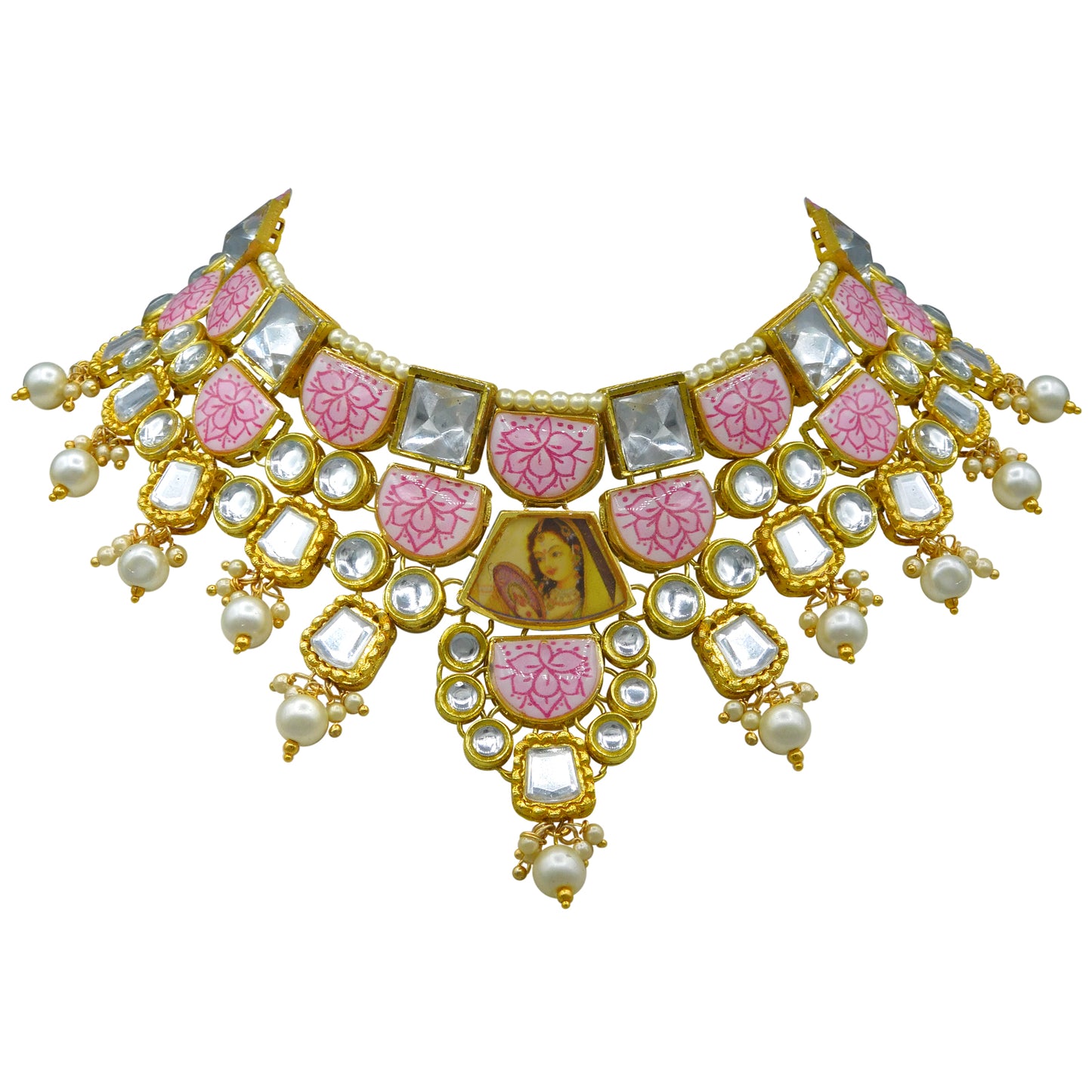 Personalized Sujwel Gold Plated Kundan Stones & Pearl Beads Studded Lamination Floral Design Choker Necklace Set For Women (SUJP01) - Sujwel