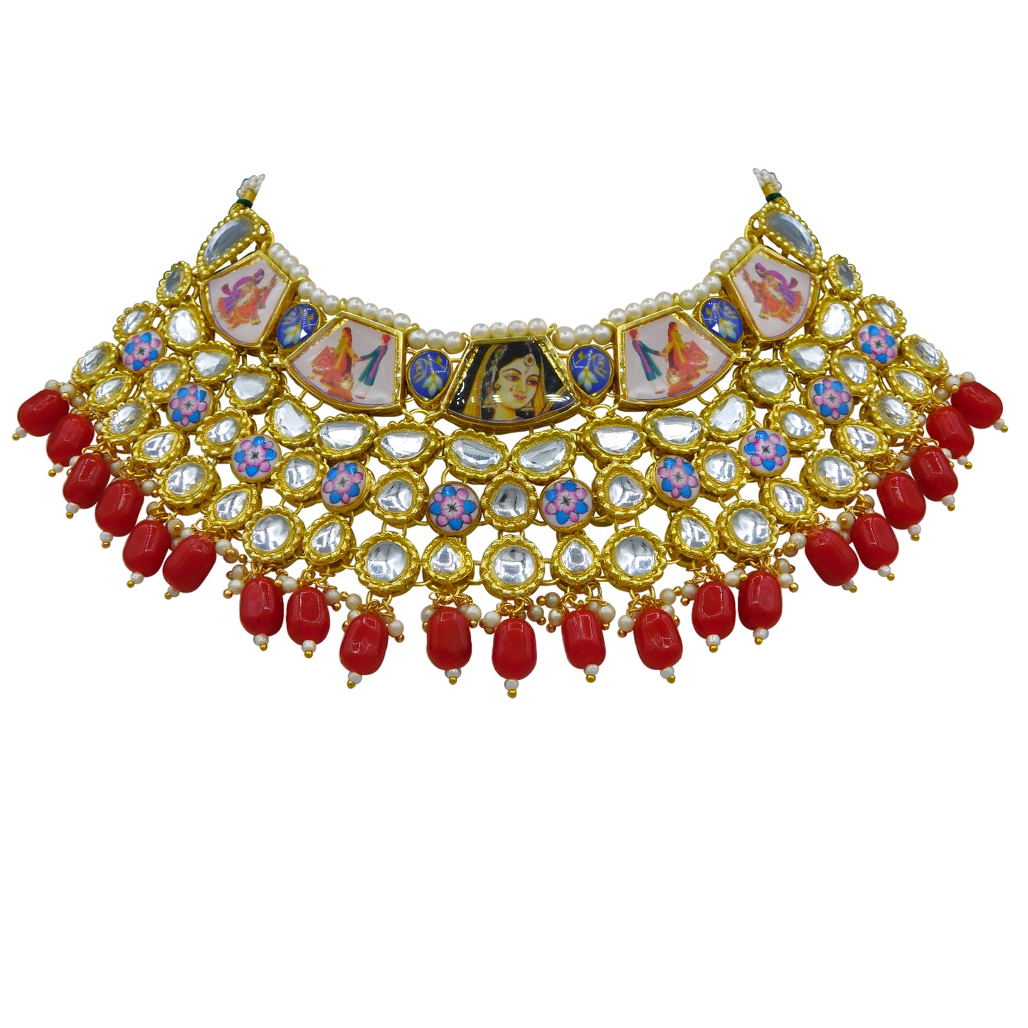 Personalized Sujwel Gold Plated Kundan Stones & Pearl Beads Studded Lamination Floral Design Choker Necklace Set For Women (SUJP01) - Sujwel