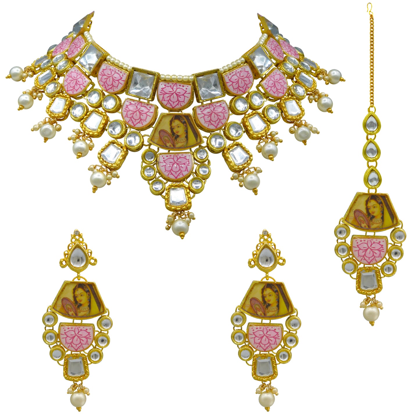 Personalized Sujwel Gold Plated Kundan Stones & Pearl Beads Studded Lamination Floral Design Choker Necklace Set For Women (SUJP01) - Sujwel