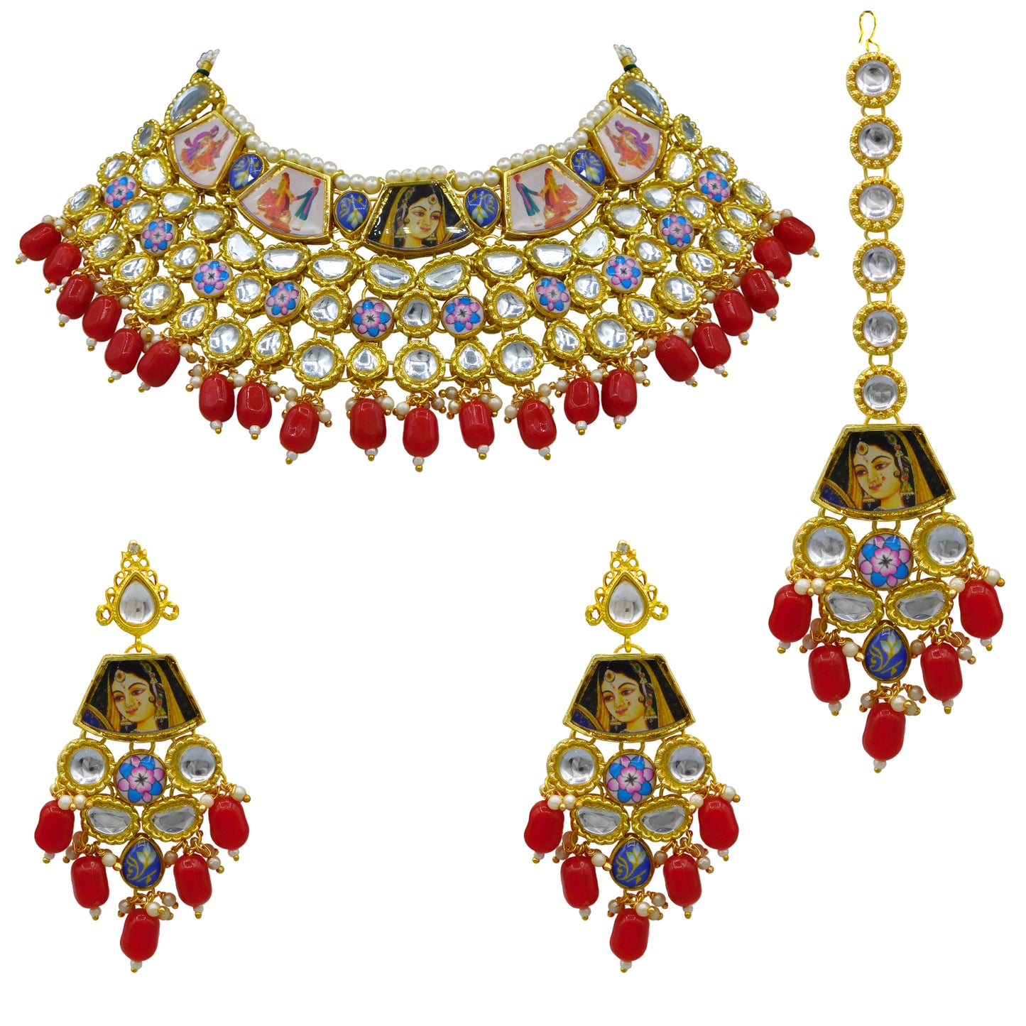 Personalized Sujwel Gold Plated Kundan Stones & Pearl Beads Studded Lamination Floral Design Choker Necklace Set For Women (SUJP01) - Sujwel