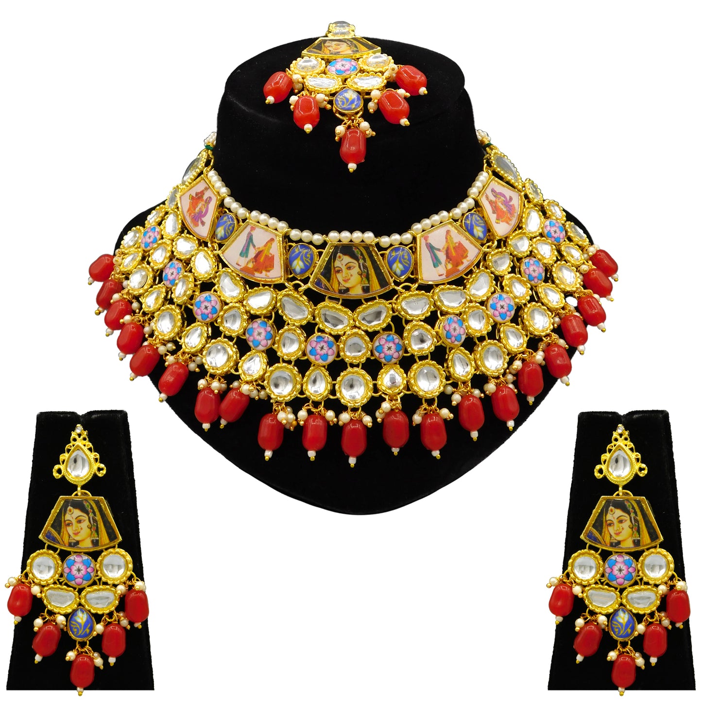 Personalized Sujwel Gold Plated Kundan Stones & Pearl Beads Studded Lamination Floral Design Choker Necklace Set For Women (SUJP01) - Sujwel