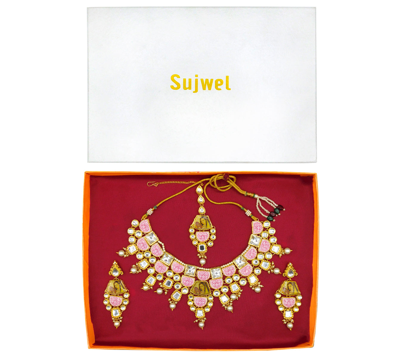 Personalized Sujwel Gold Plated Kundan Stones & Pearl Beads Studded Lamination Floral Design Choker Necklace Set For Women (SUJP01) - Sujwel