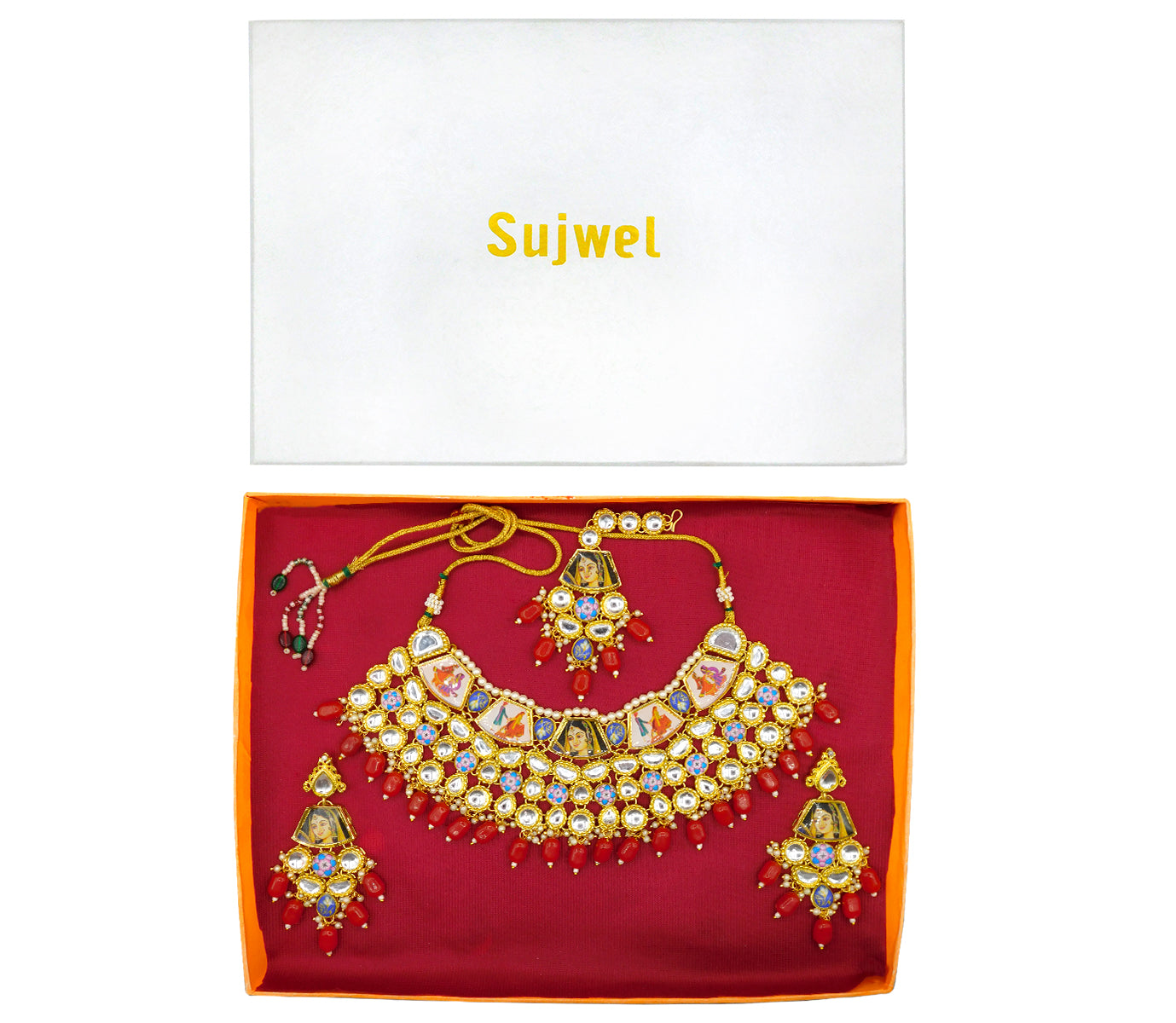 Personalized Sujwel Gold Plated Kundan Stones & Pearl Beads Studded Lamination Floral Design Choker Necklace Set For Women (SUJP01) - Sujwel