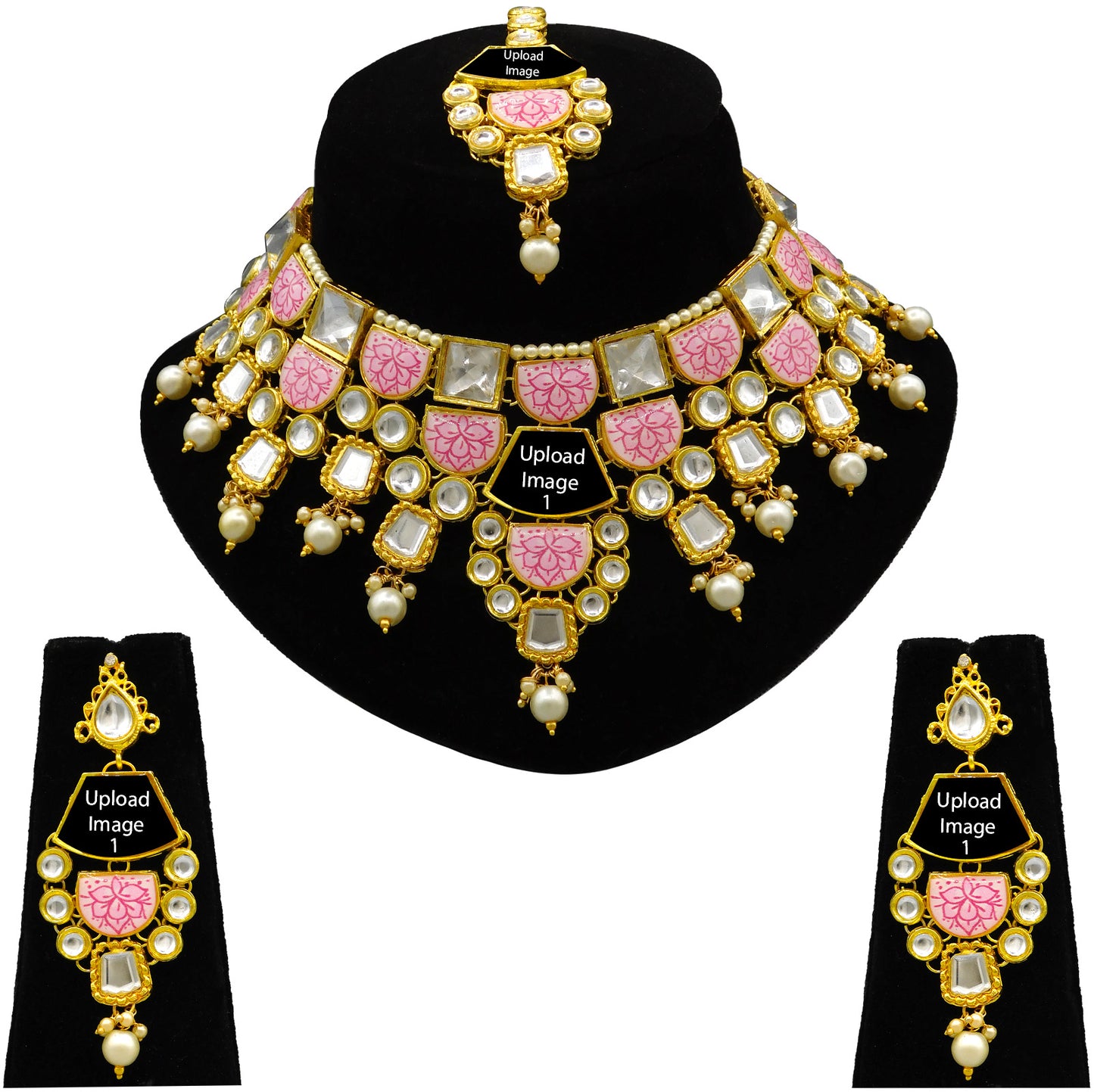 Personalized Sujwel Gold Plated Kundan Stones & Pearl Beads Studded Lamination Floral Design Choker Necklace Set For Women (SUJP01) - Sujwel