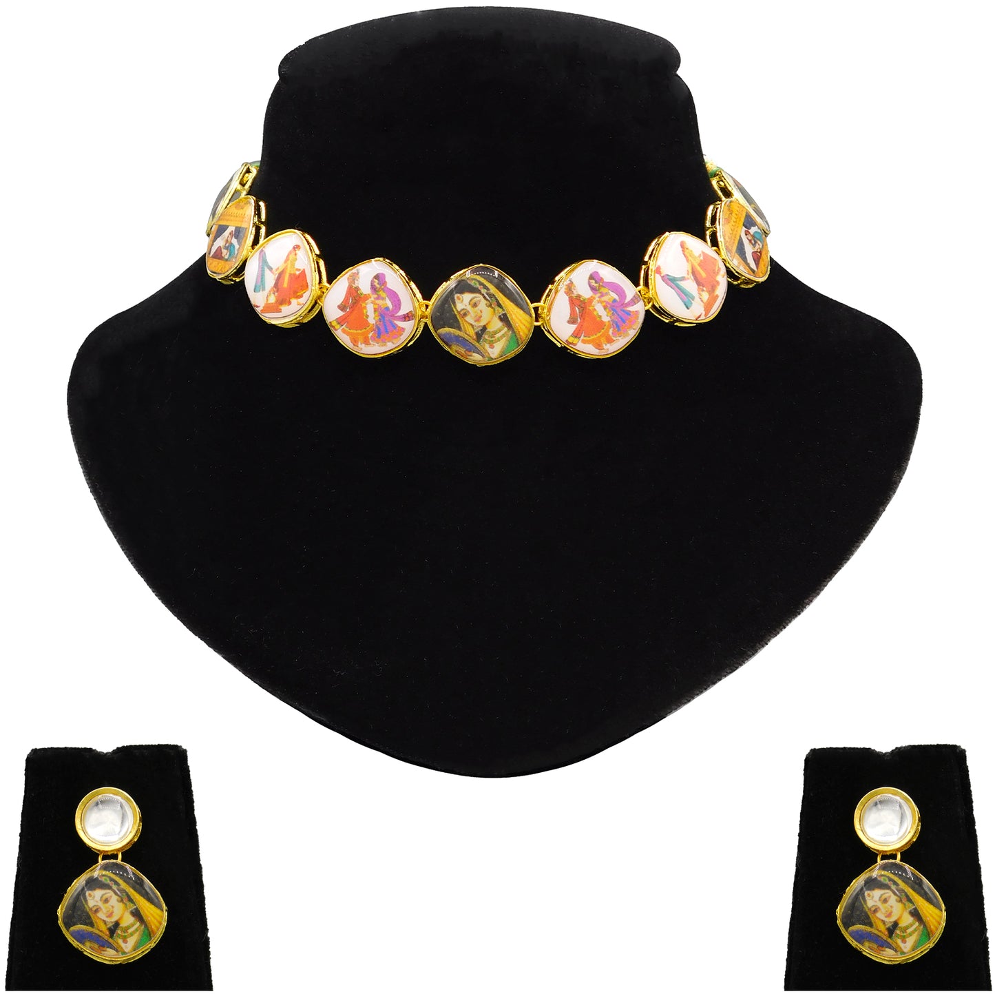 Personalized Sujwel Painting with Floral Design Chokar Necklace Set (SUJP01) - Sujwel