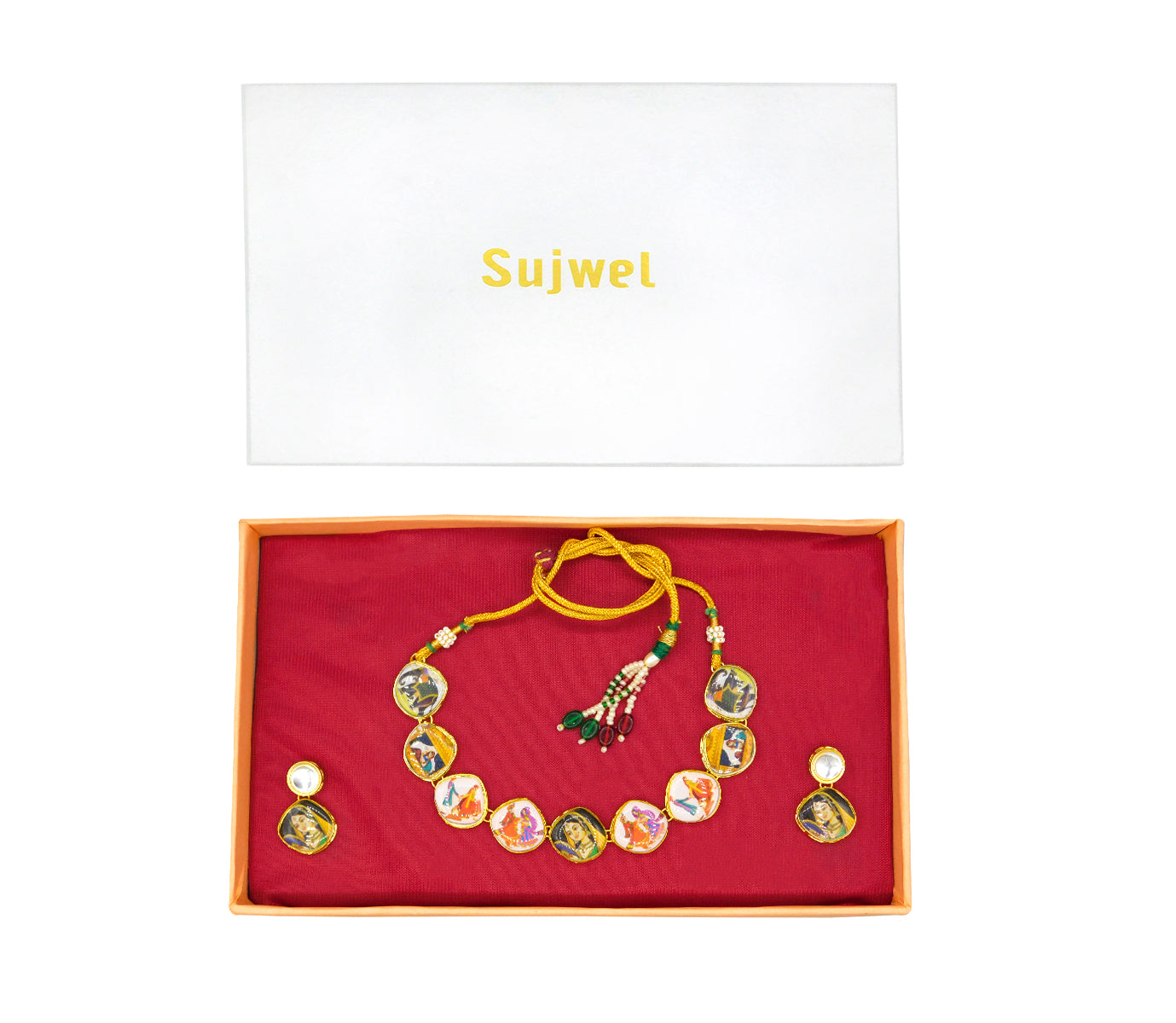 Personalized Sujwel Painting with Floral Design Chokar Necklace Set (SUJP01) - Sujwel