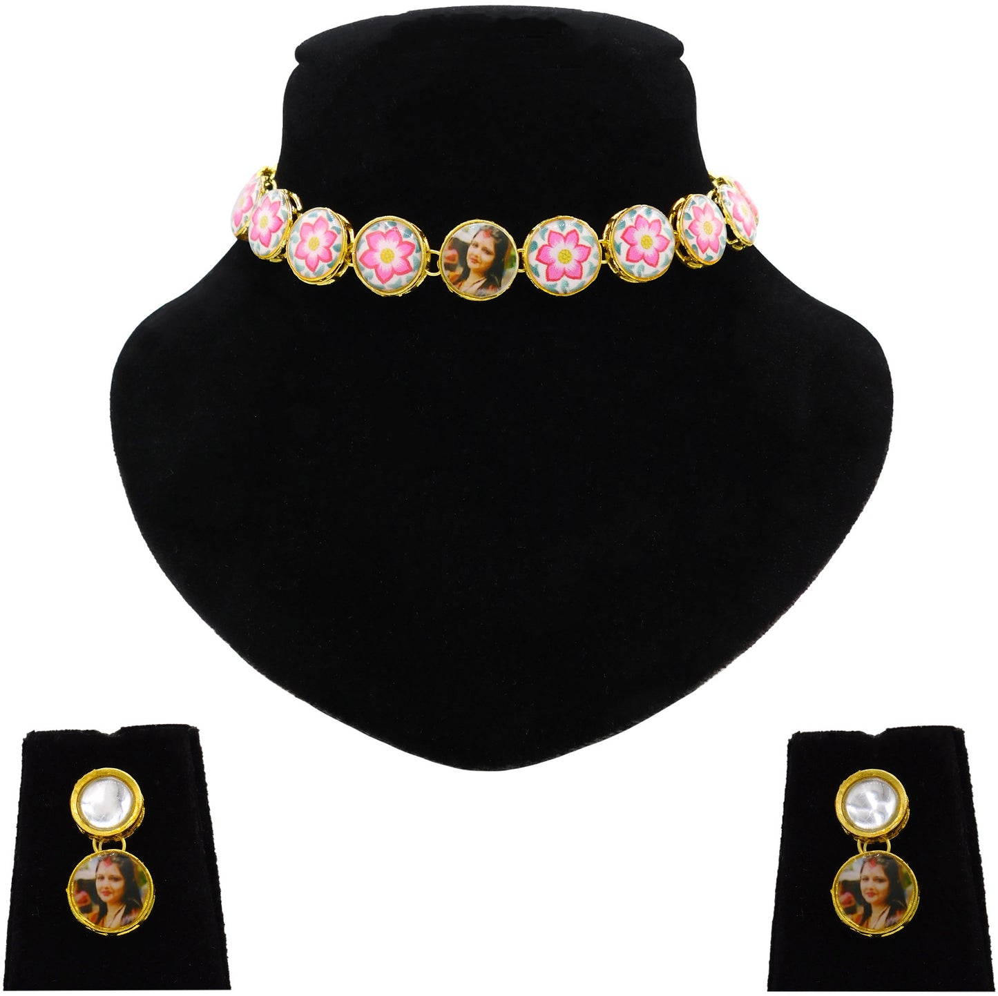 Personalized Sujwel Painting with Floral Design Chokar Necklace Set (SUJP01) - Sujwel