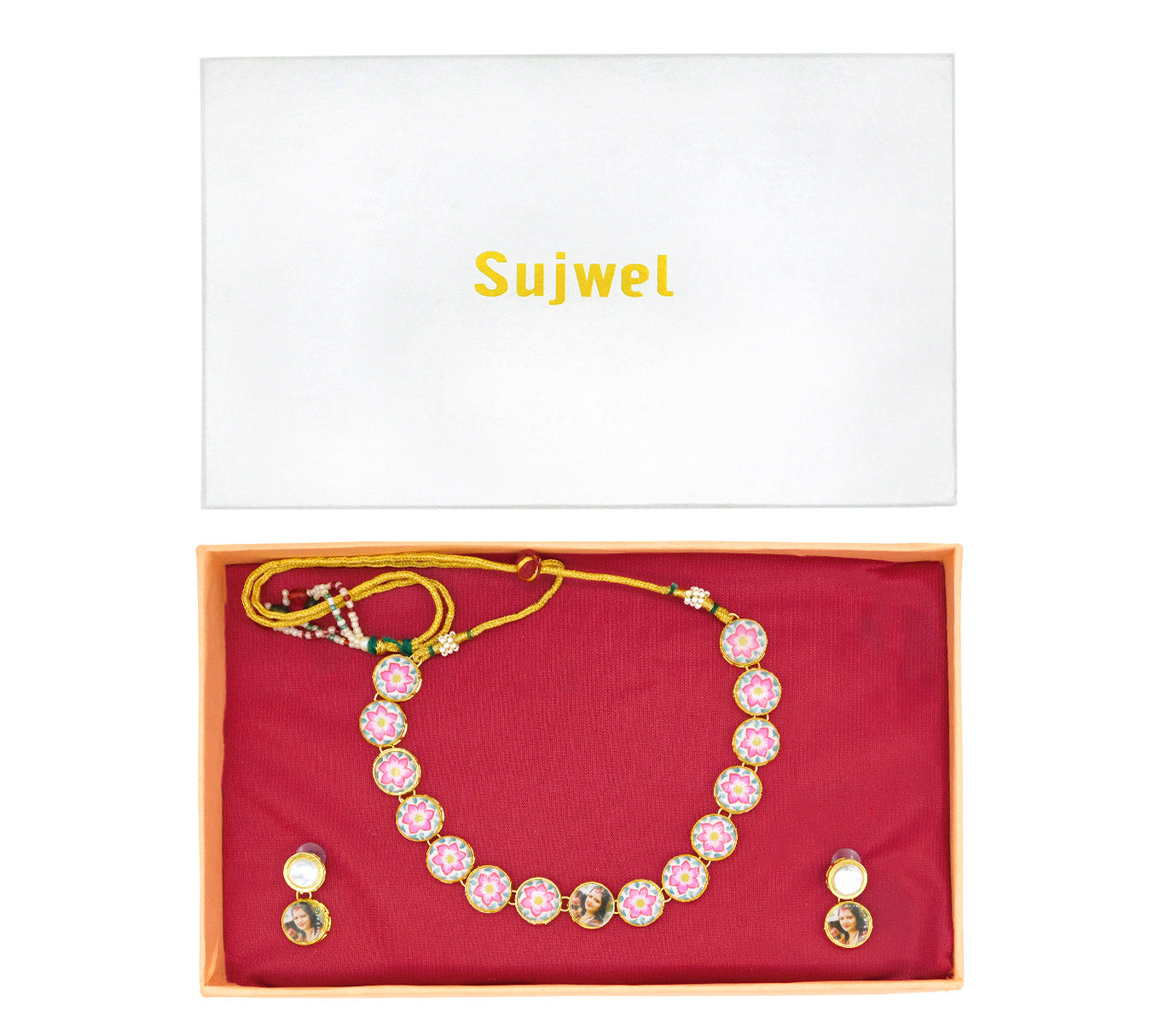 Personalized Sujwel Painting with Floral Design Chokar Necklace Set (SUJP01) - Sujwel