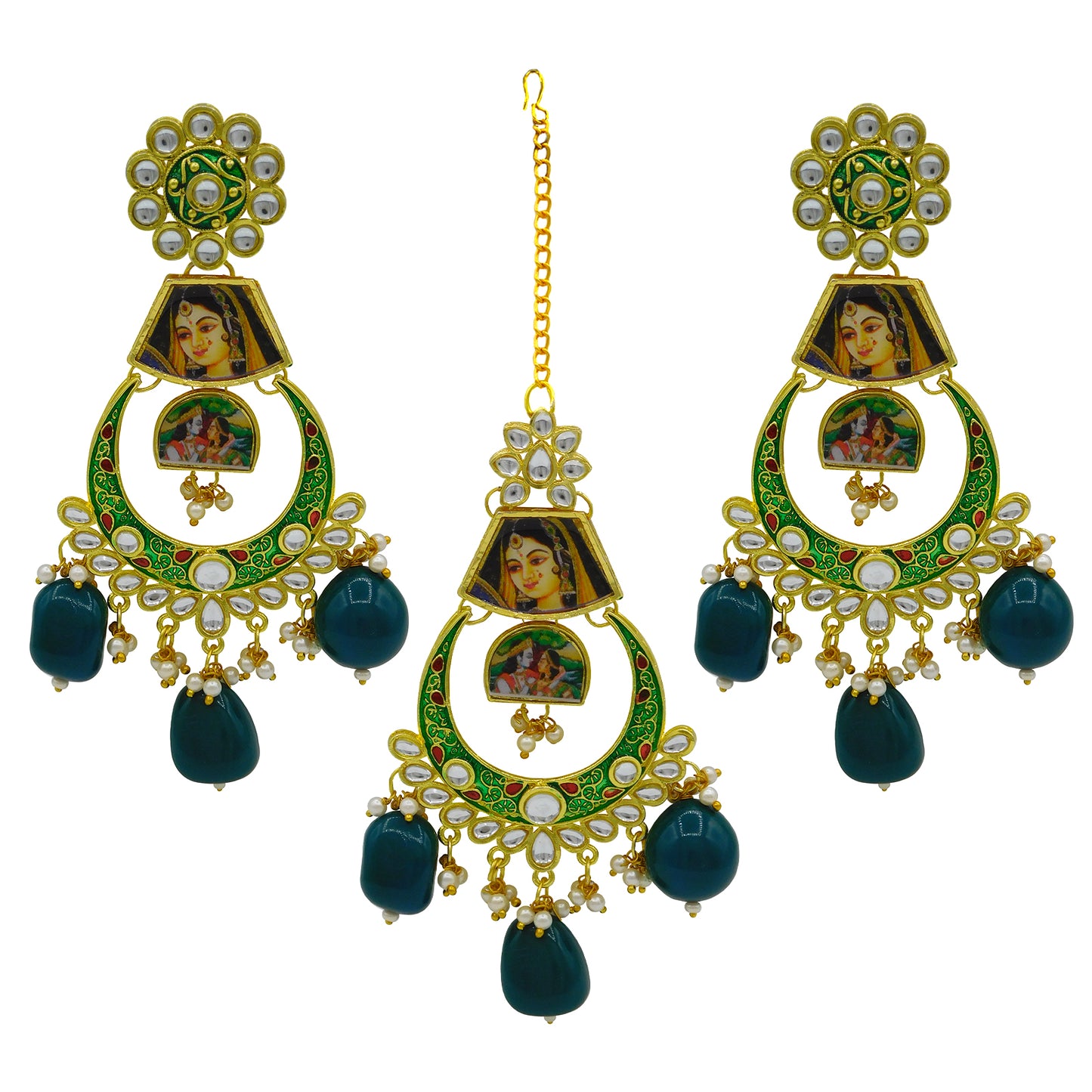 Personalized Sujwel Gold Plated Kundan Meenakari Necklace Set With Maangtikka For Women (SUJP01) - Sujwel