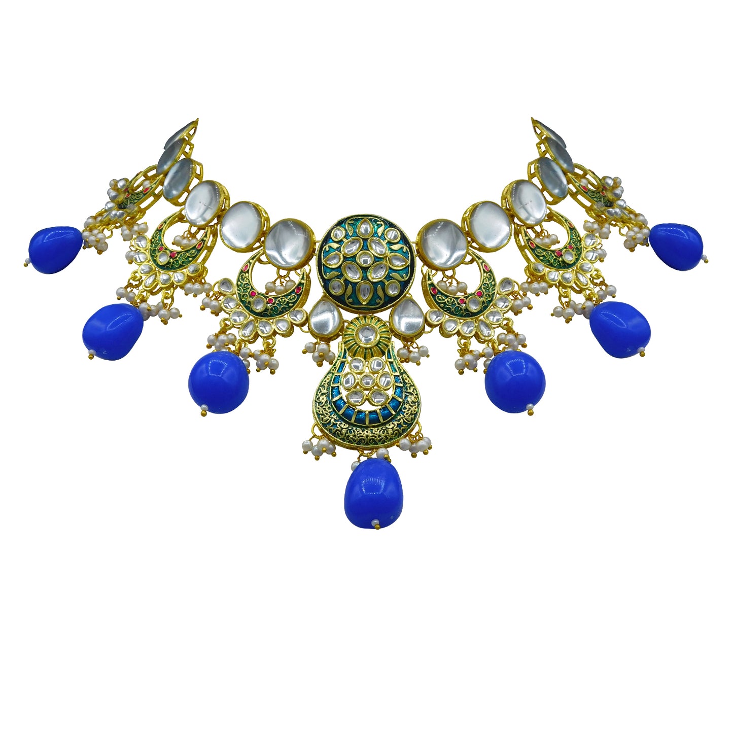 Sujwel Gold Toned Kundan Lamination Floral Design Necklace Set (08-0456) - Sujwel