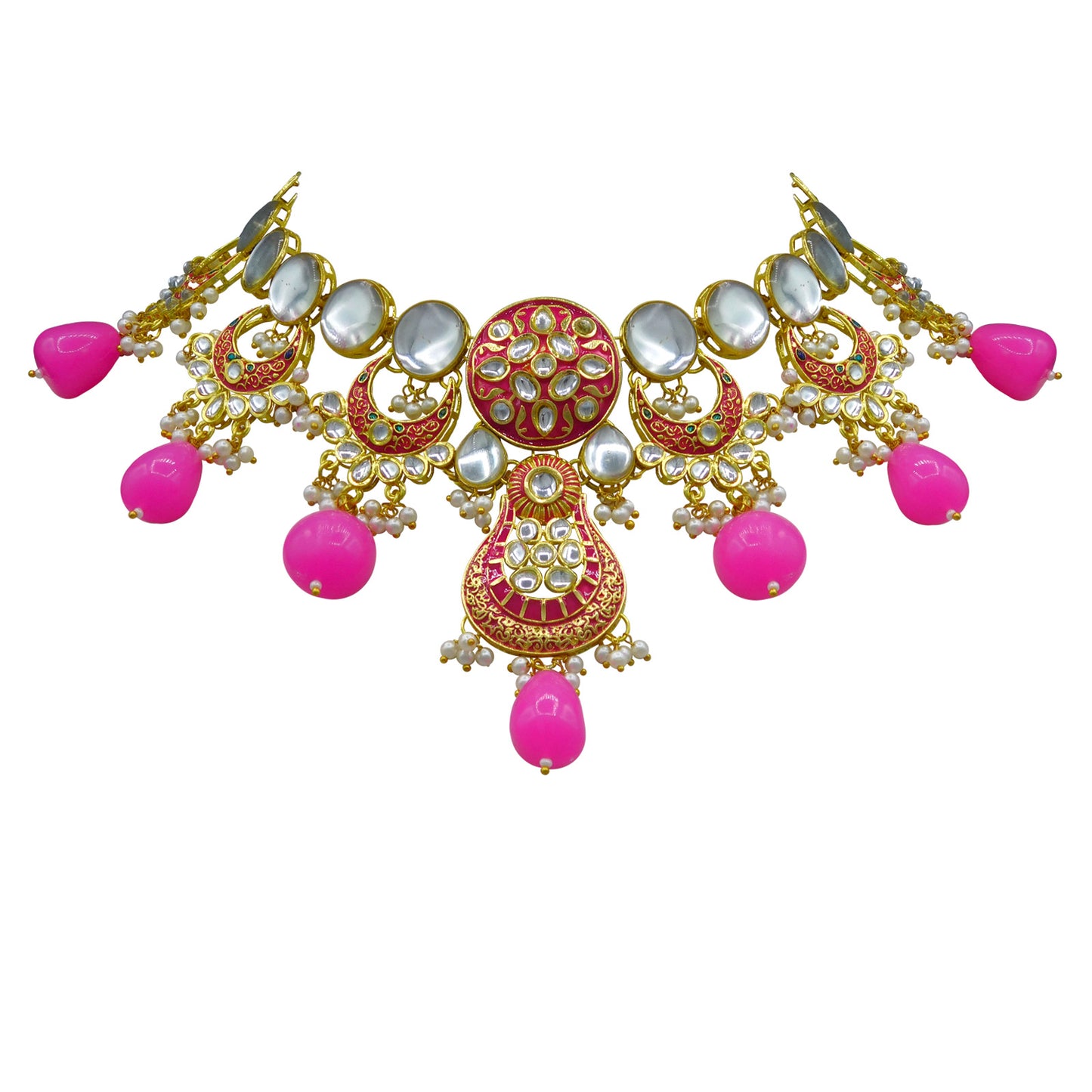 Sujwel Gold Toned Kundan Lamination Floral Design Necklace Set (08-0456) - Sujwel