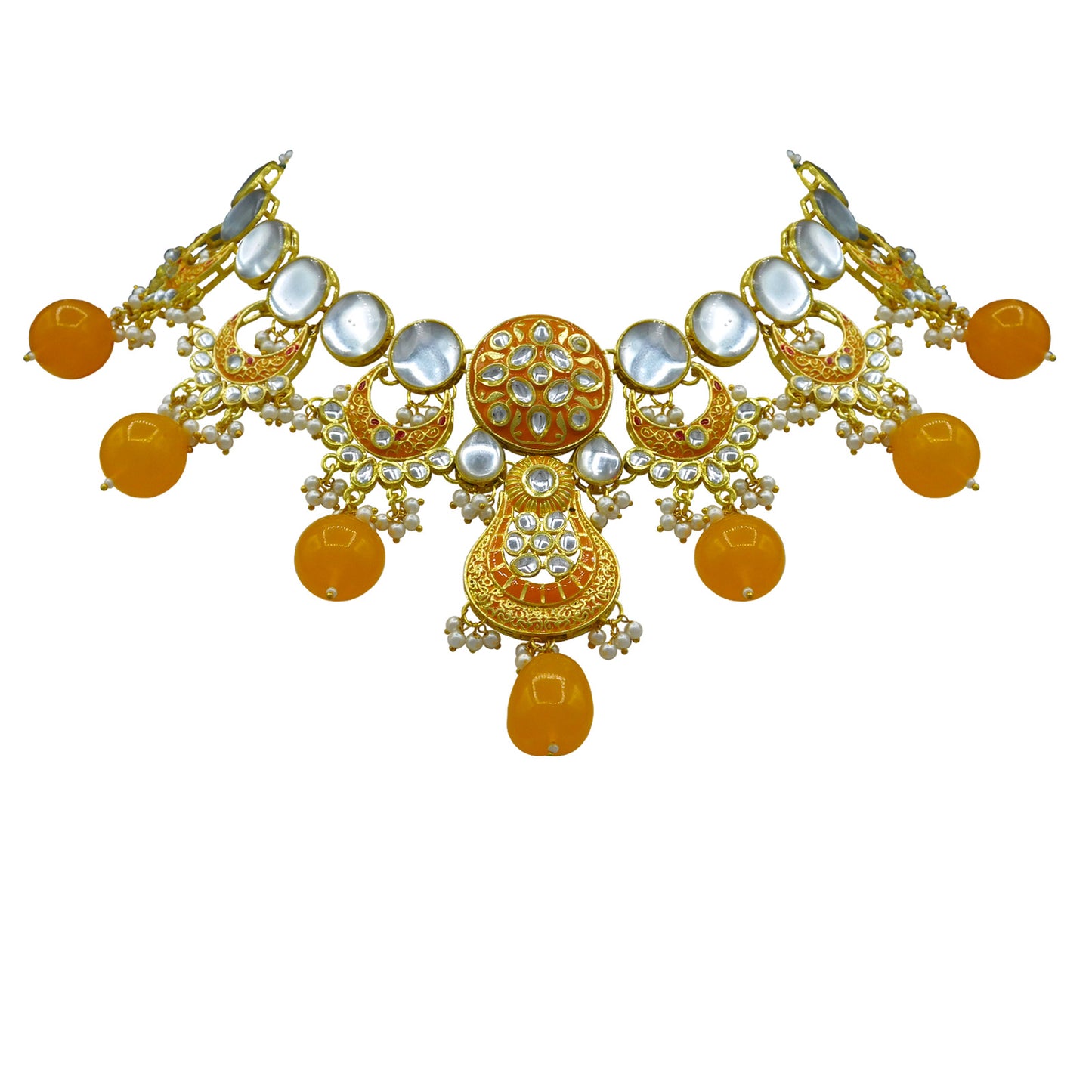 Sujwel Gold Toned Kundan Lamination Floral Design Necklace Set (08-0456) - Sujwel