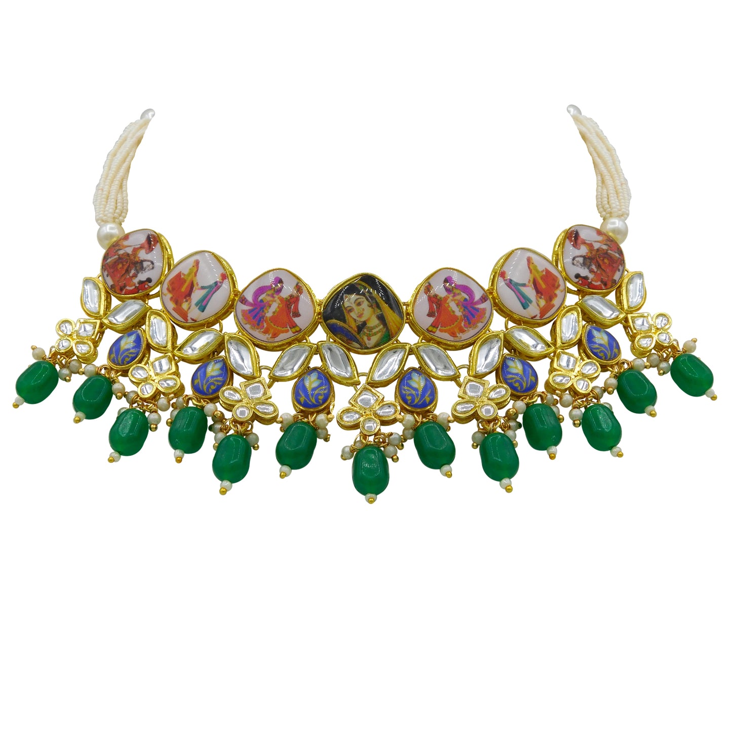 Personalized Sujwel Gold Toned Kundan Stones & Beads Lamination Multistrand Pearl Beads Choker Necklace Set For Women (SUJP01) - Sujwel