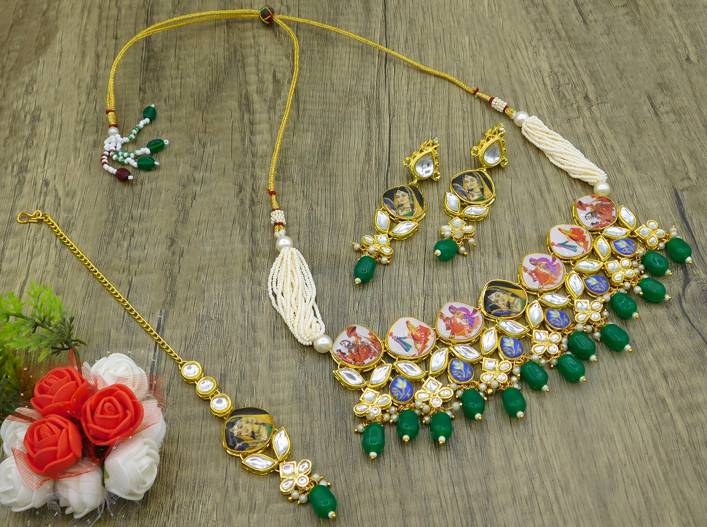 Personalized Sujwel Gold Toned Kundan Stones & Beads Lamination Multistrand Pearl Beads Choker Necklace Set For Women (SUJP01) - Sujwel
