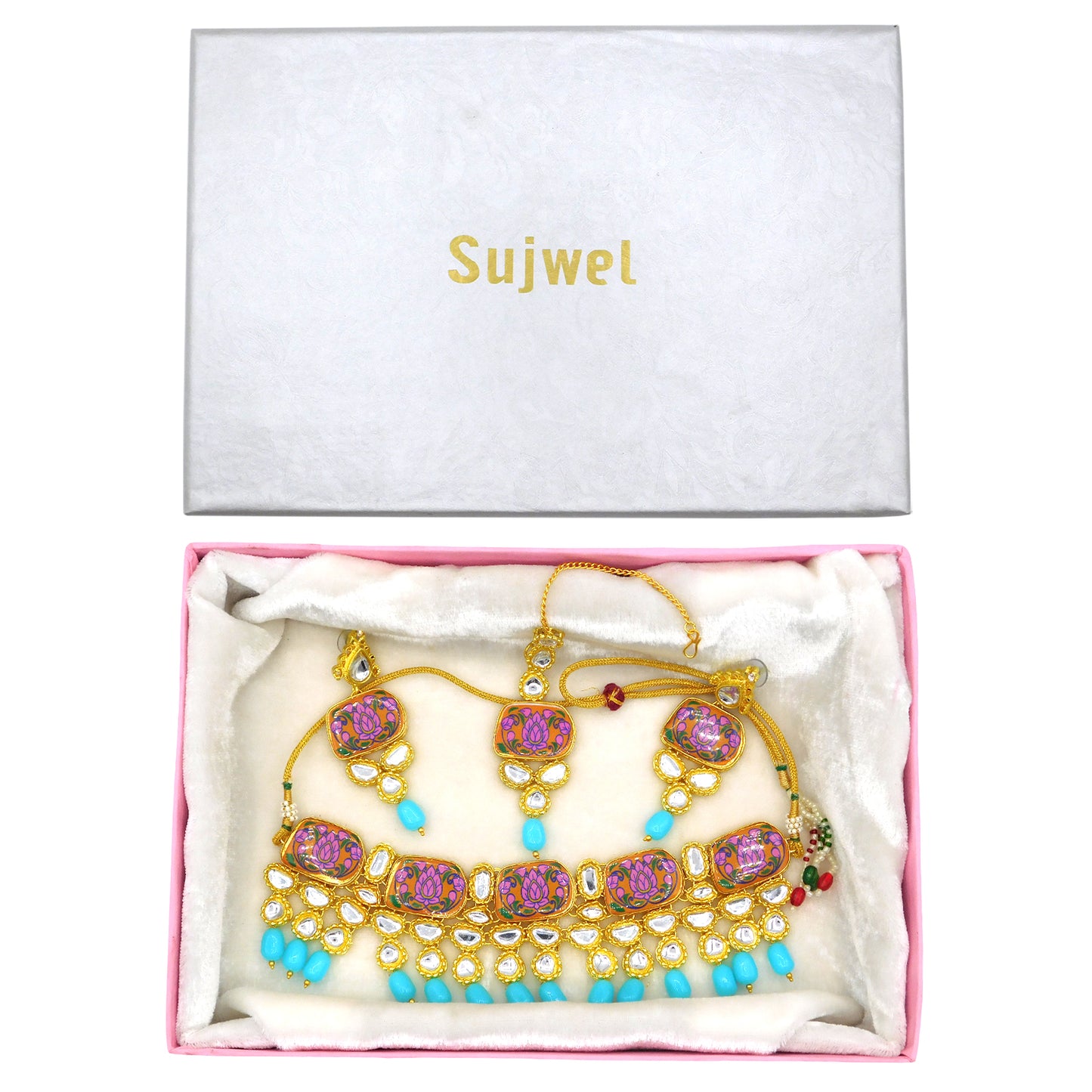 Sujwel Traditional Beaded Kundan Necklace Set With Maang Tikka for Women & Girls - Sujwel