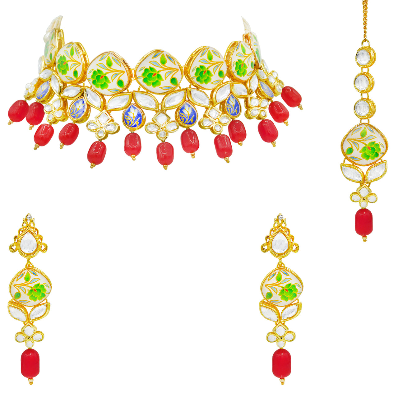 Sujwel Kundan and Painting with Floral Design Chokar Necklace Set (08-0281) - Sujwel