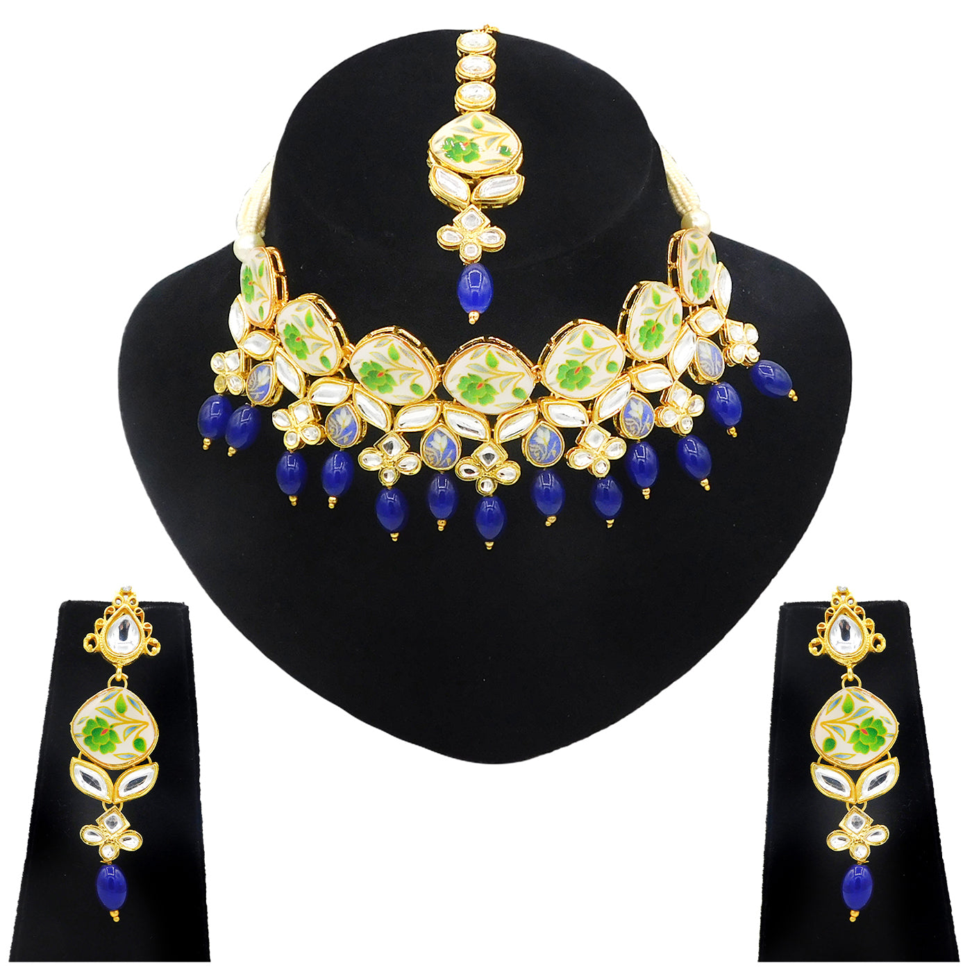 Sujwel Kundan and Painting with Floral Design Chokar Necklace Set (08-0281) - Sujwel