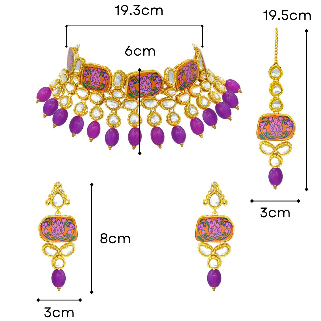Sujwel Traditional Beaded Kundan Necklace Set With Maang Tikka for Women & Girls - Sujwel
