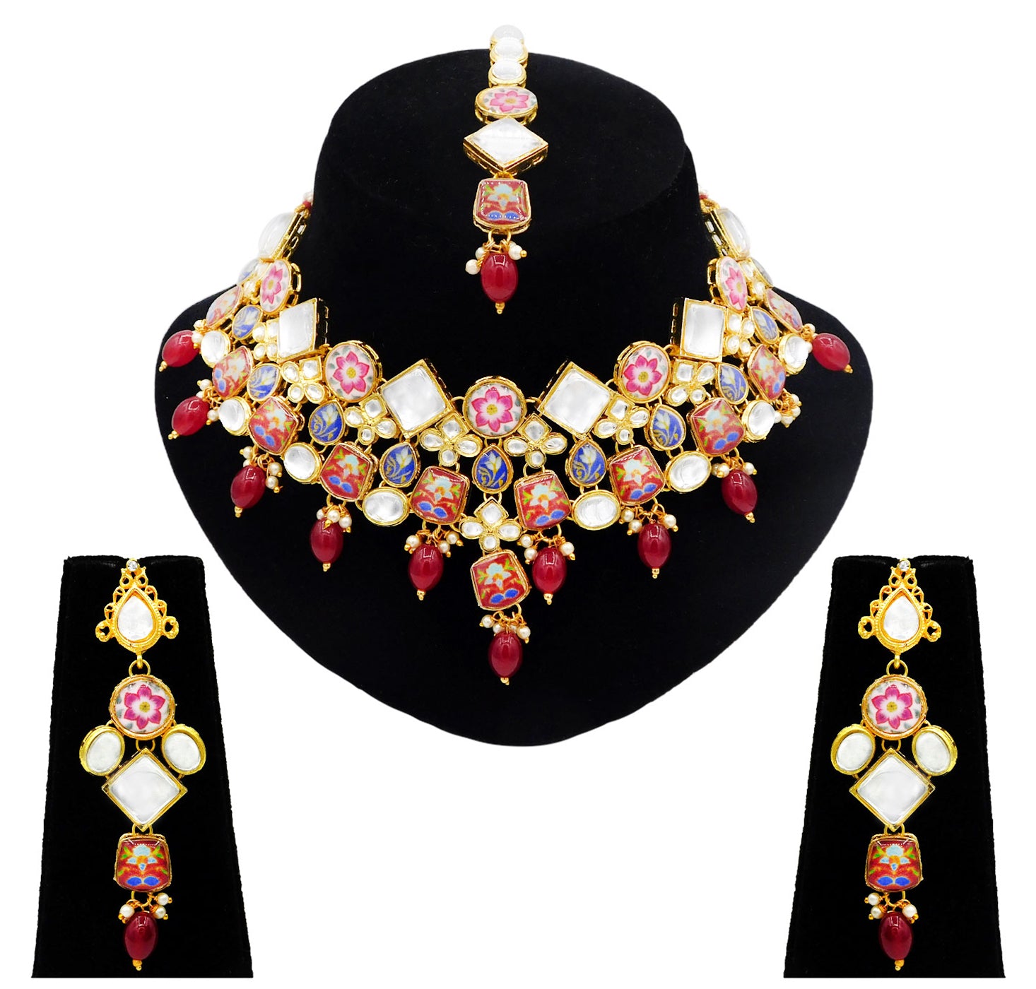 Sujwel Gold Plated Kundan Floral Design Choker Necklace Set (08-0271) - Sujwel