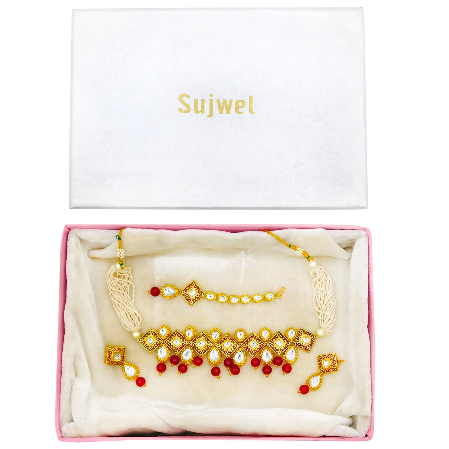 Sujwel Gold Plated Kundan Meenakari Design Choker Necklace Set (08-0122) - Sujwel