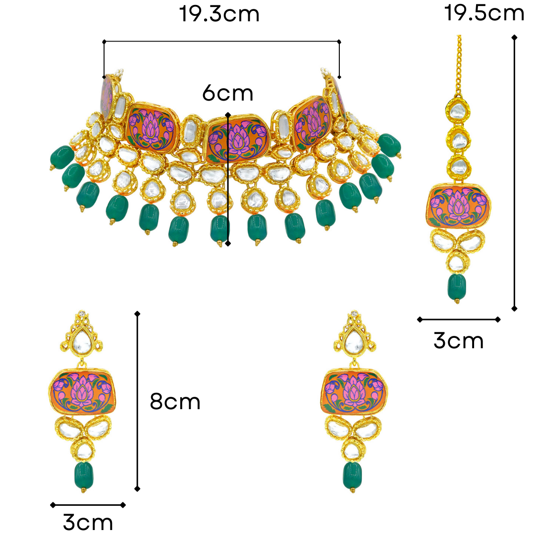 Sujwel Traditional Beaded Kundan Necklace Set With Maang Tikka for Women & Girls - Sujwel