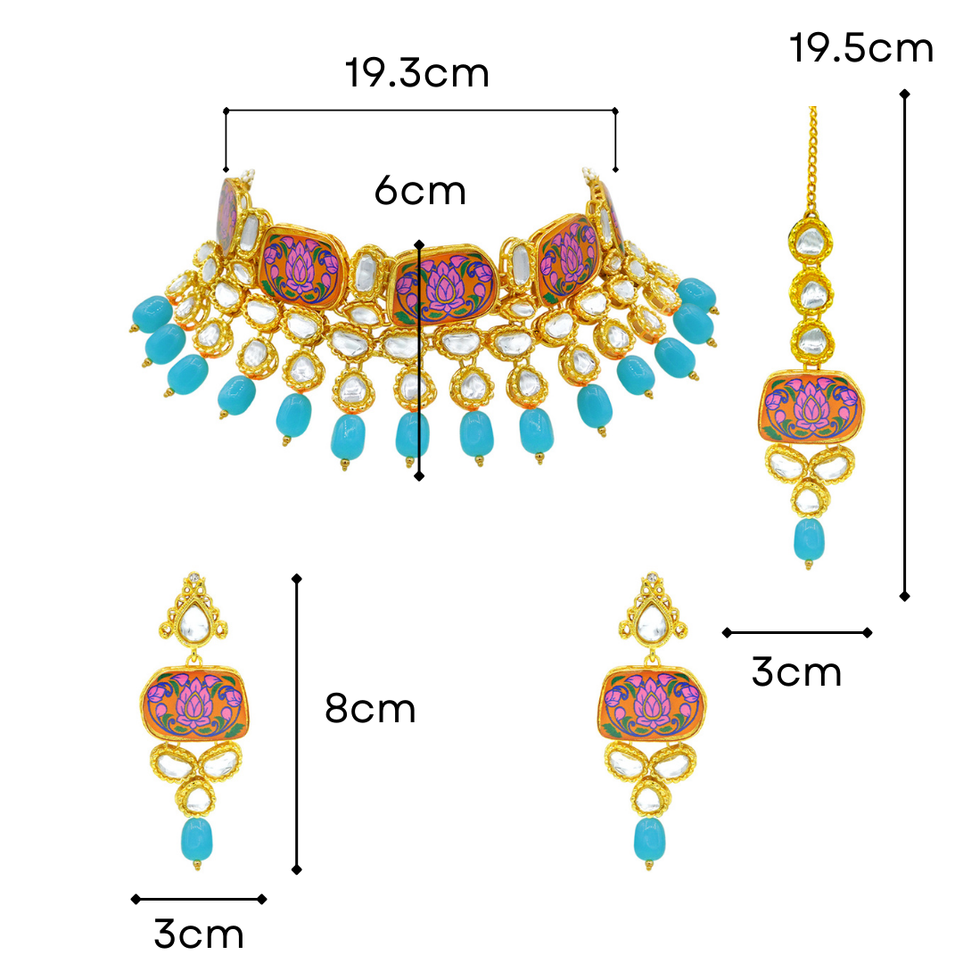 Sujwel Traditional Beaded Kundan Necklace Set With Maang Tikka for Women & Girls - Sujwel