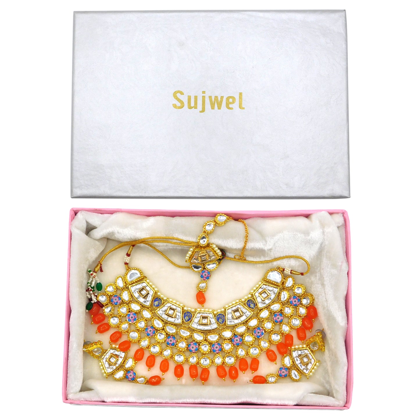Sujwel Gold Plated Kundan Design Choker Necklace Set For Women (08-0289) - Sujwel