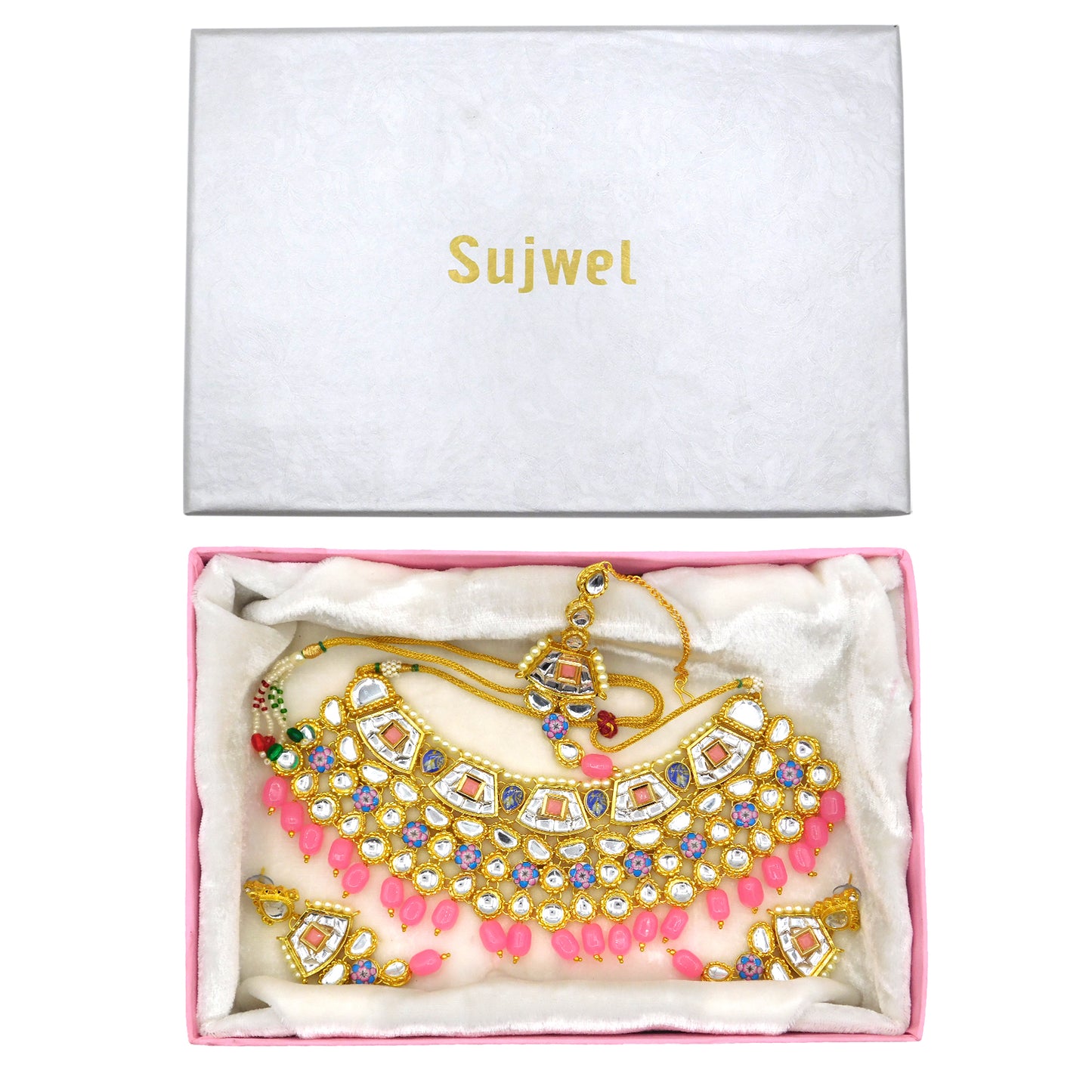 Sujwel Gold Plated Kundan Design Choker Necklace Set For Women (08-0289) - Sujwel
