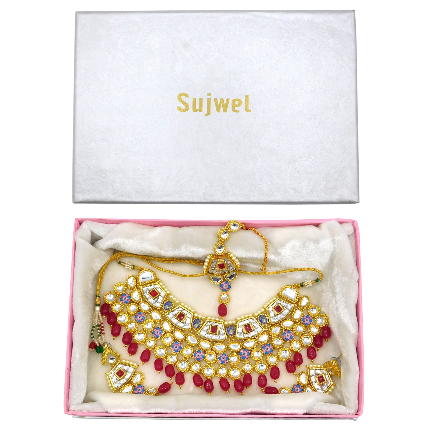 Sujwel Gold Plated Kundan Design Choker Necklace Set For Women (08-0289) - Sujwel