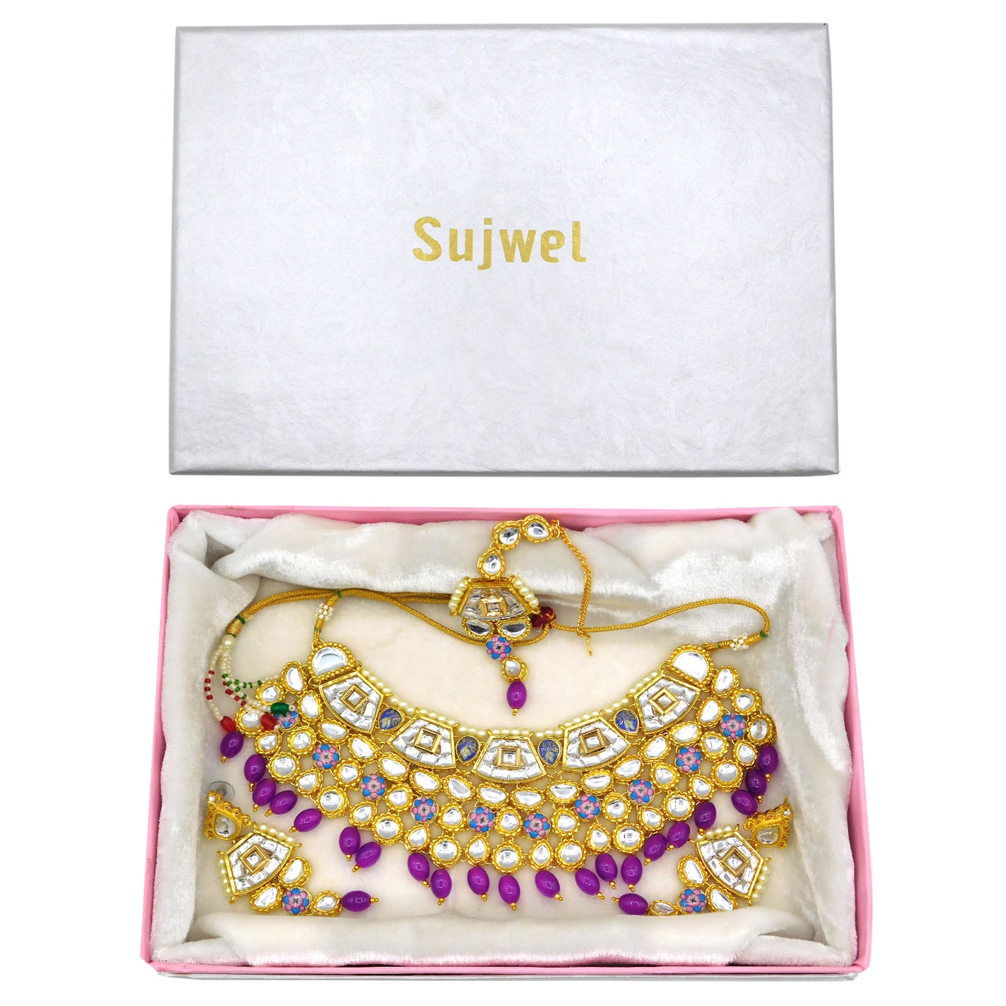 Sujwel Gold Plated Kundan Design Choker Necklace Set For Women (08-0289) - Sujwel