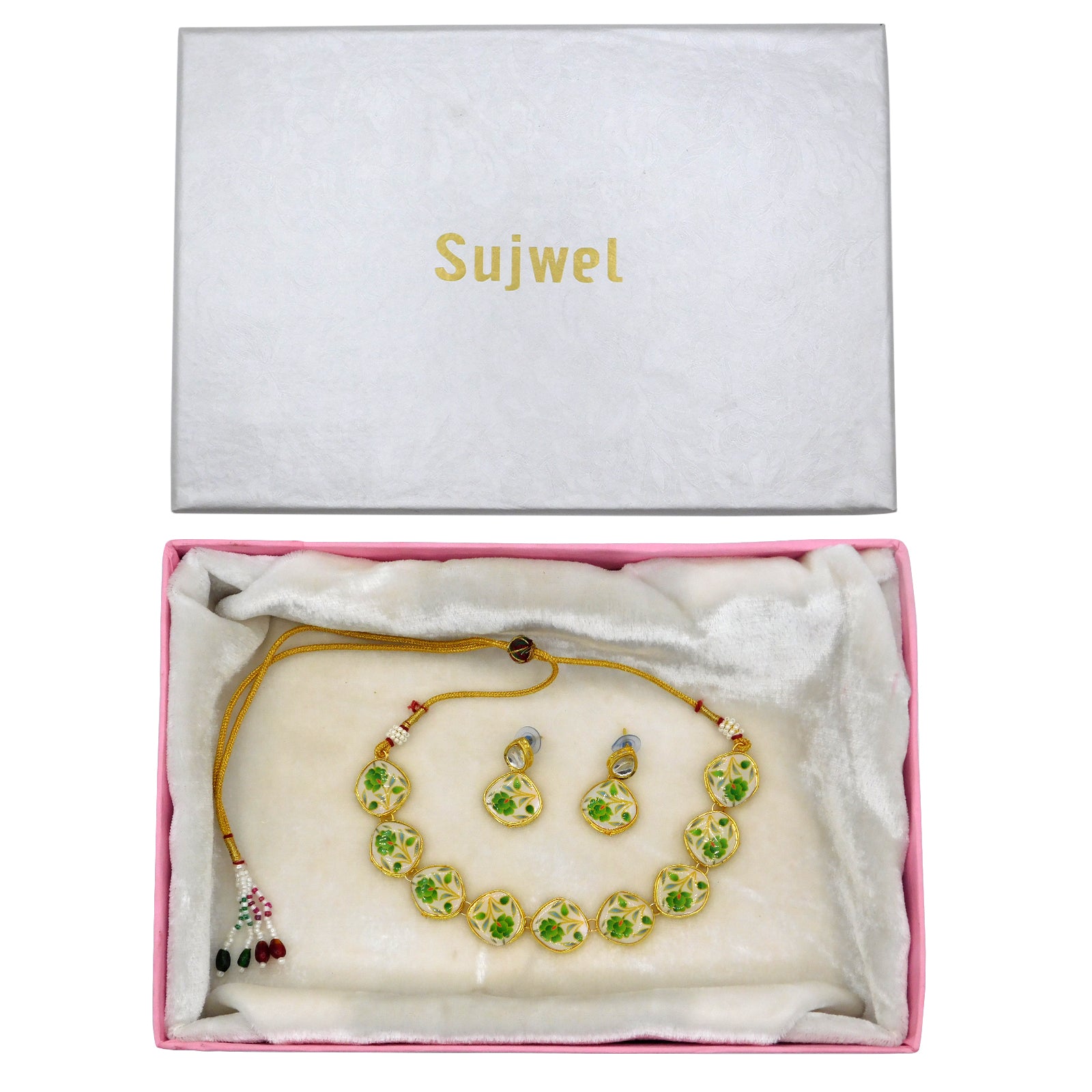 Sujwel Painting with Floral Design Chokar Necklace Set (08-0431) - Sujwel