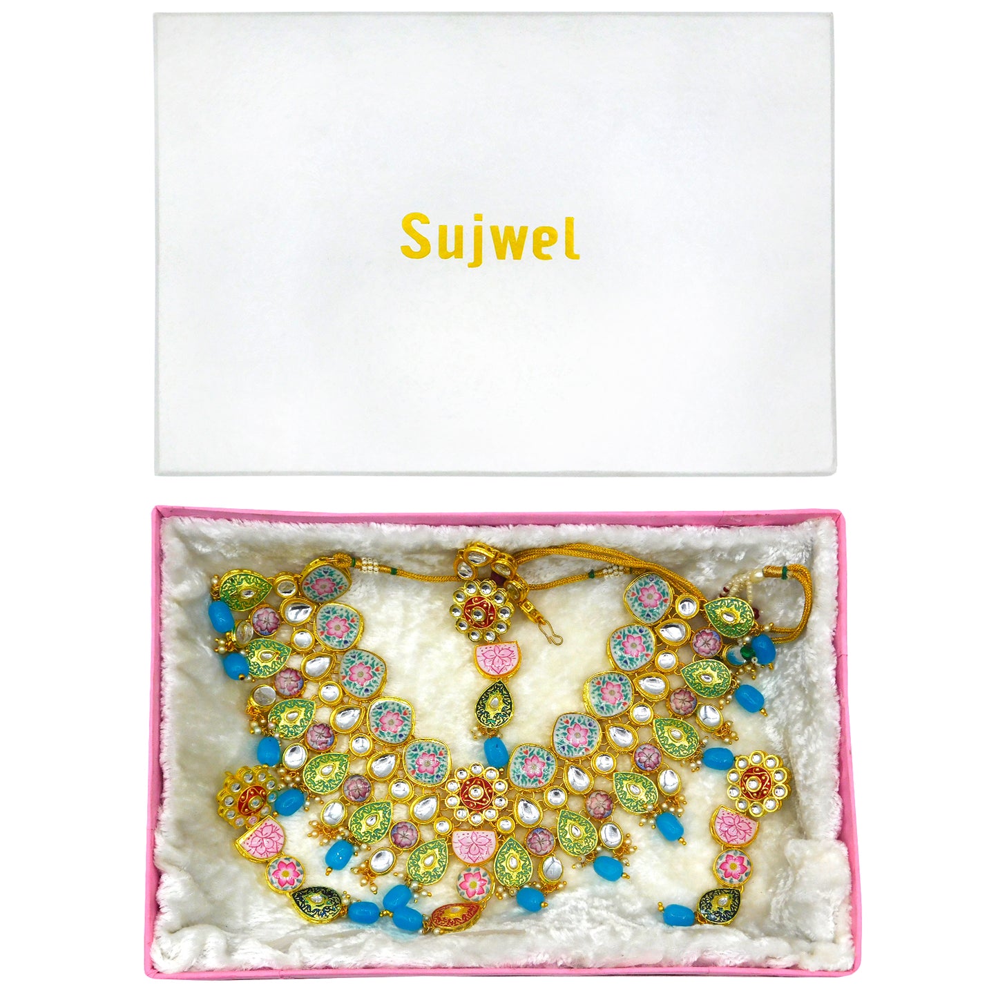 Sujwel Kundan and Meenakari with Floral Design Necklace Set (08-0115) - Sujwel