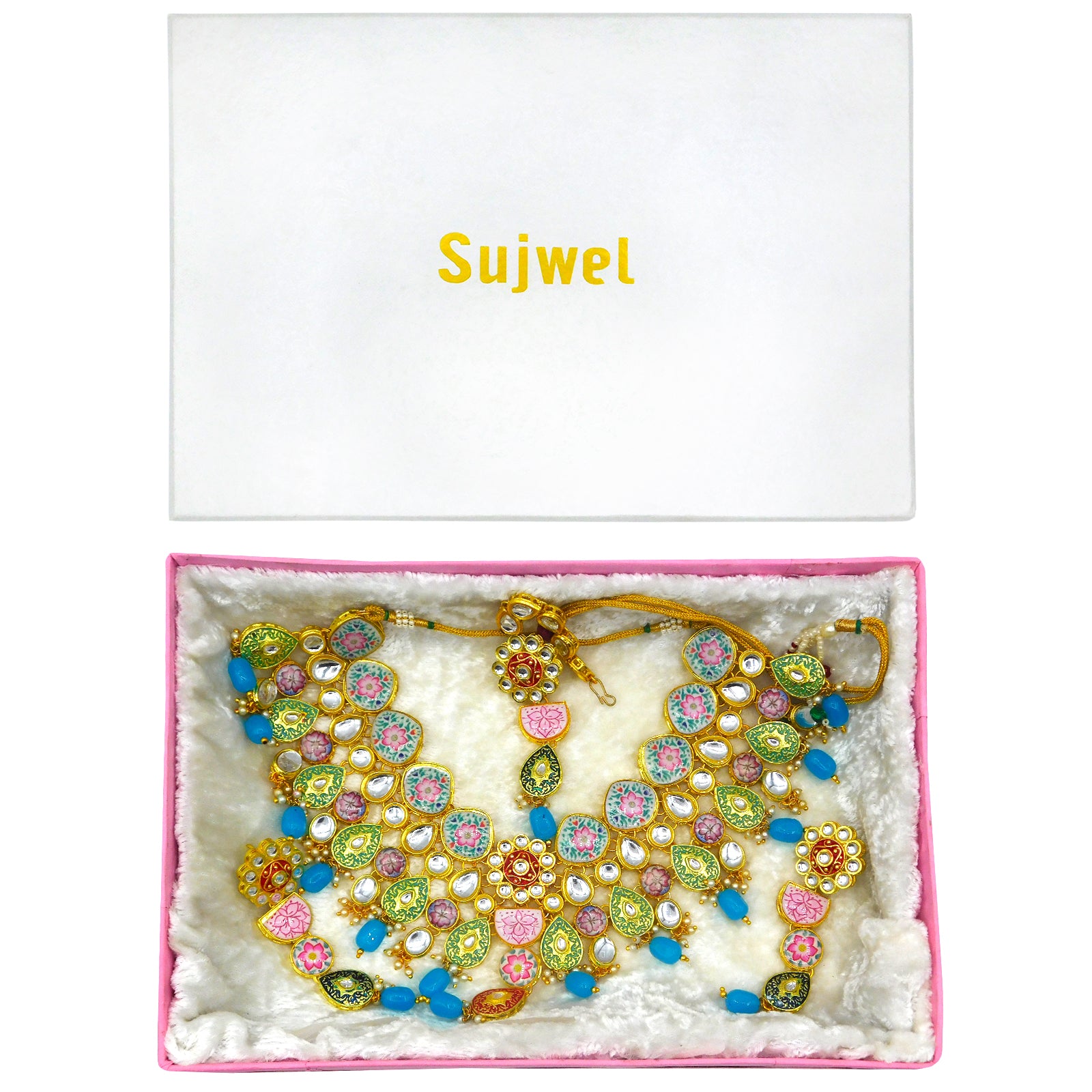 Sujwel Kundan and Meenakari with Floral Design Necklace Set (08-0115) - Sujwel