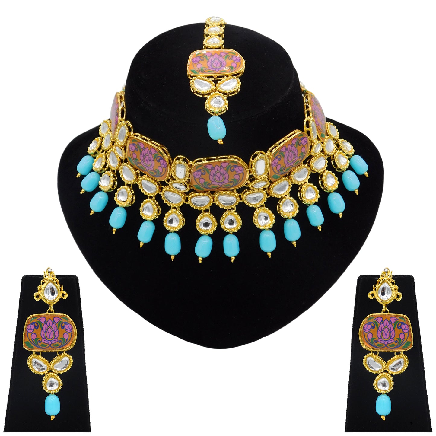 Sujwel Traditional Beaded Kundan Necklace Set With Maang Tikka for Women & Girls - Sujwel