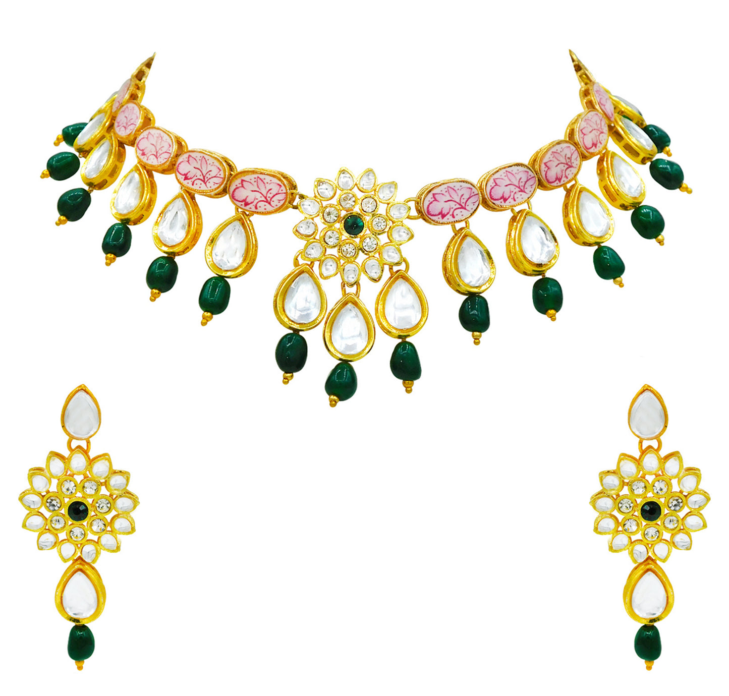 Sujwel Kundan and Painting with Floral Design Chokar Necklace Set (08-0229) - Sujwel