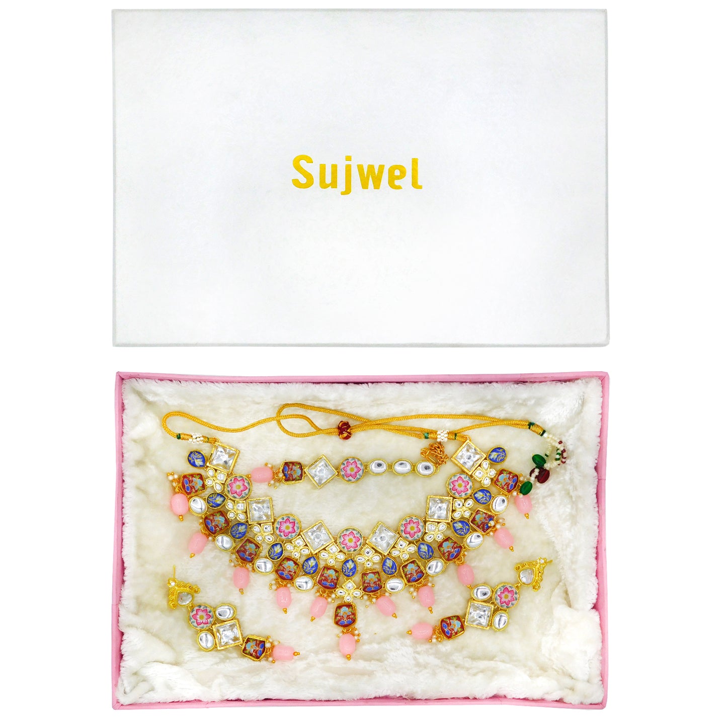 Sujwel Gold Plated Kundan Floral Design Choker Necklace Set (08-0271) - Sujwel