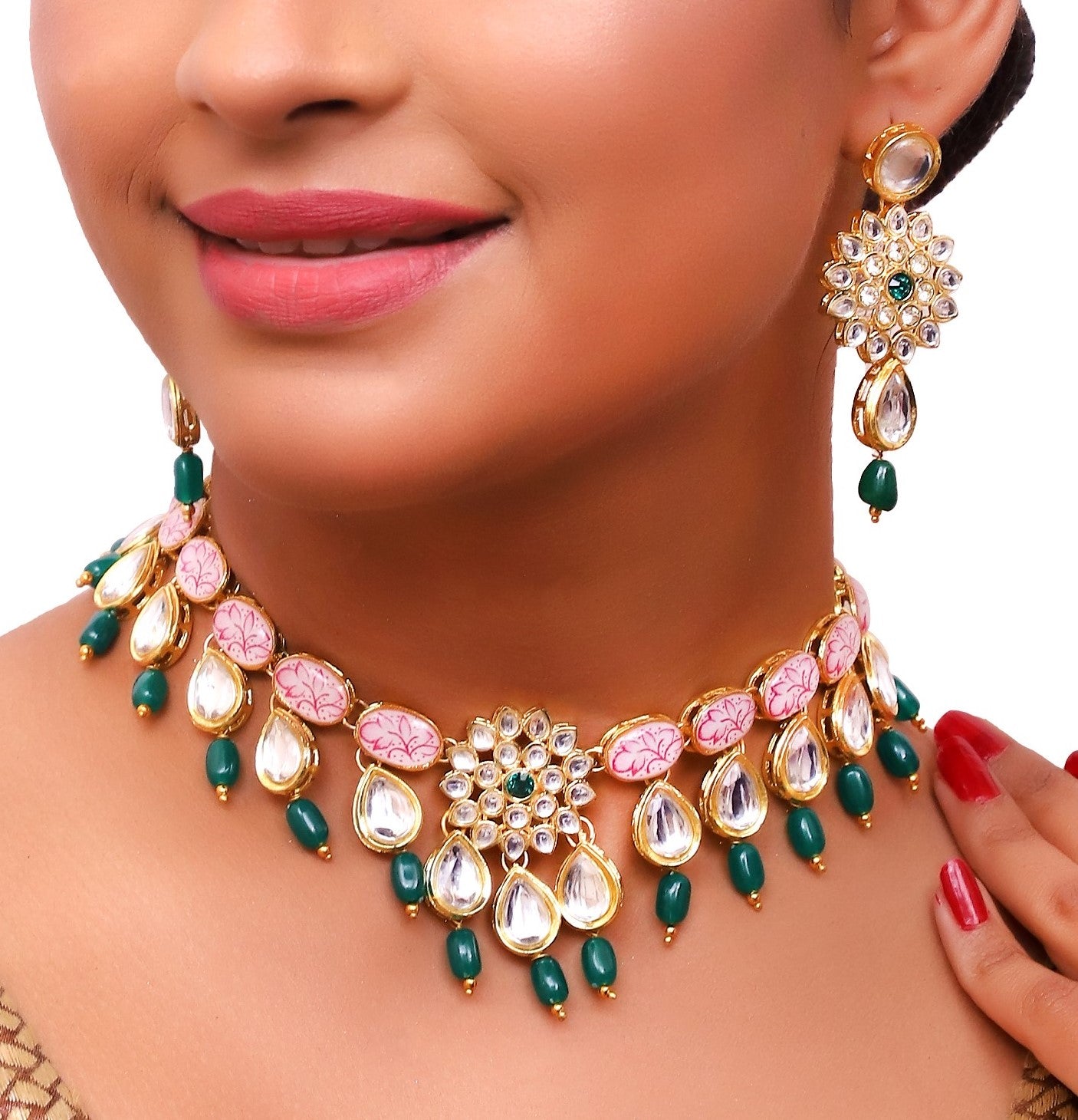 Sujwel Kundan and Painting with Floral Design Chokar Necklace Set (08-0229) - Sujwel