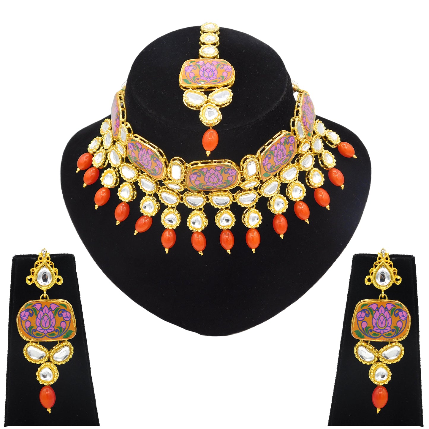 Sujwel Traditional Beaded Kundan Necklace Set With Maang Tikka for Women & Girls - Sujwel